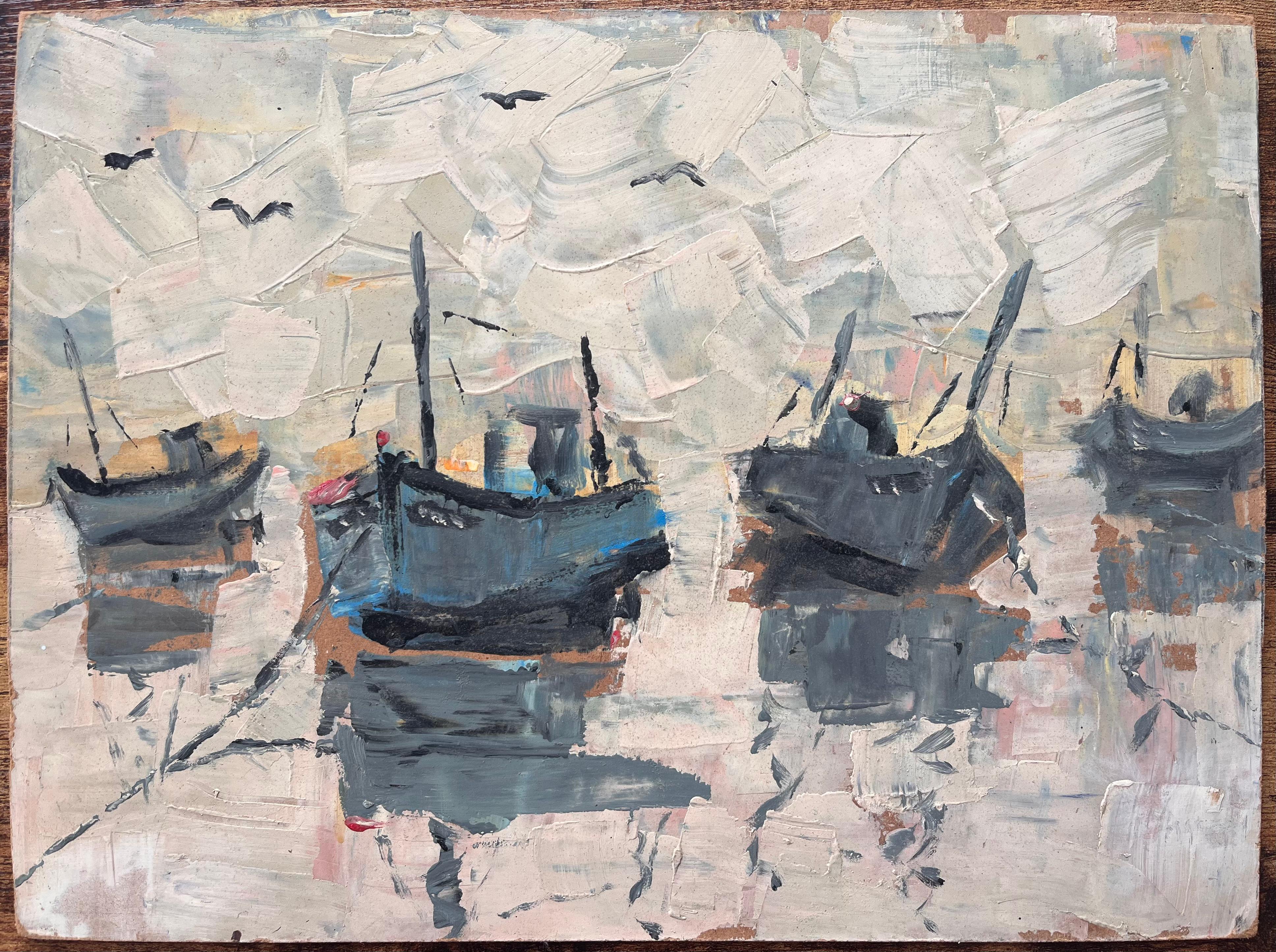 Bateaux au port sous un ciel couvert Scène de pêche impressionniste Bonjour Pêcheurs - Painting de Fanch Lel