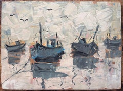 Barcos en el Puerto Bajo un Cielo Nublado Escena de Pesca Impresionista Bonjour Pêcheurs