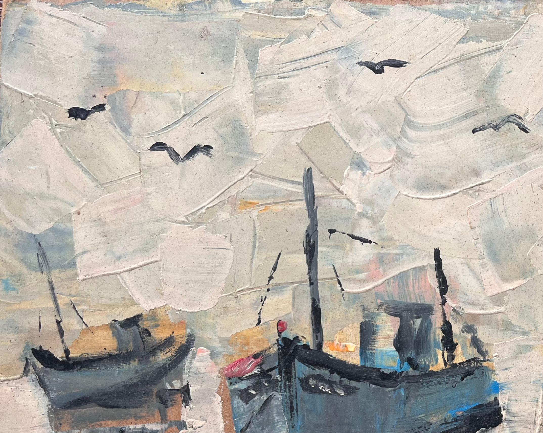 Bateaux au port sous un ciel couvert Scène de pêche impressionniste Bonjour Pêcheurs - Impressionnisme Painting par Fanch Lel