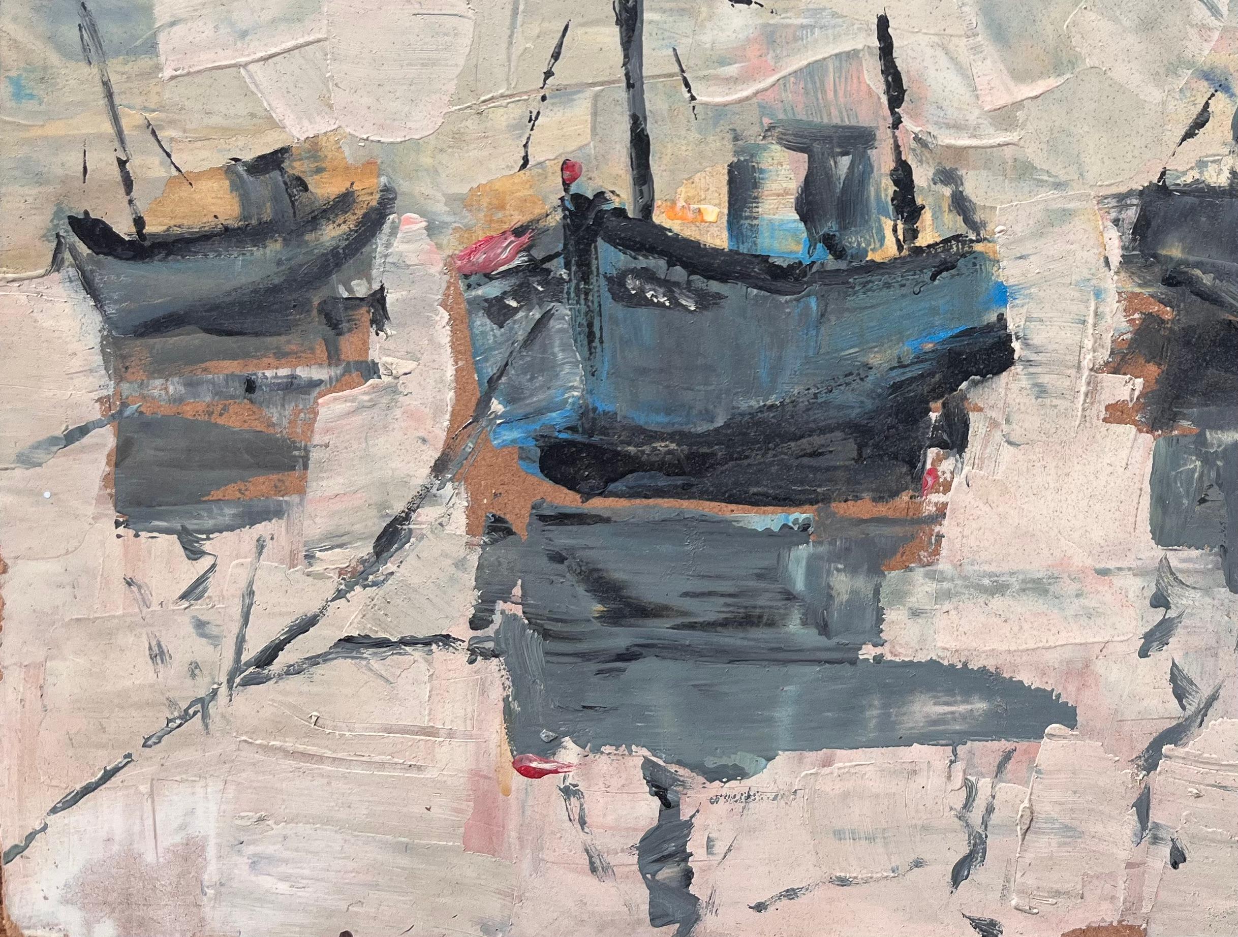 Bateaux au port sous un ciel couvert Scène de pêche impressionniste Bonjour Pêcheurs - Gris Landscape Painting par Fanch Lel