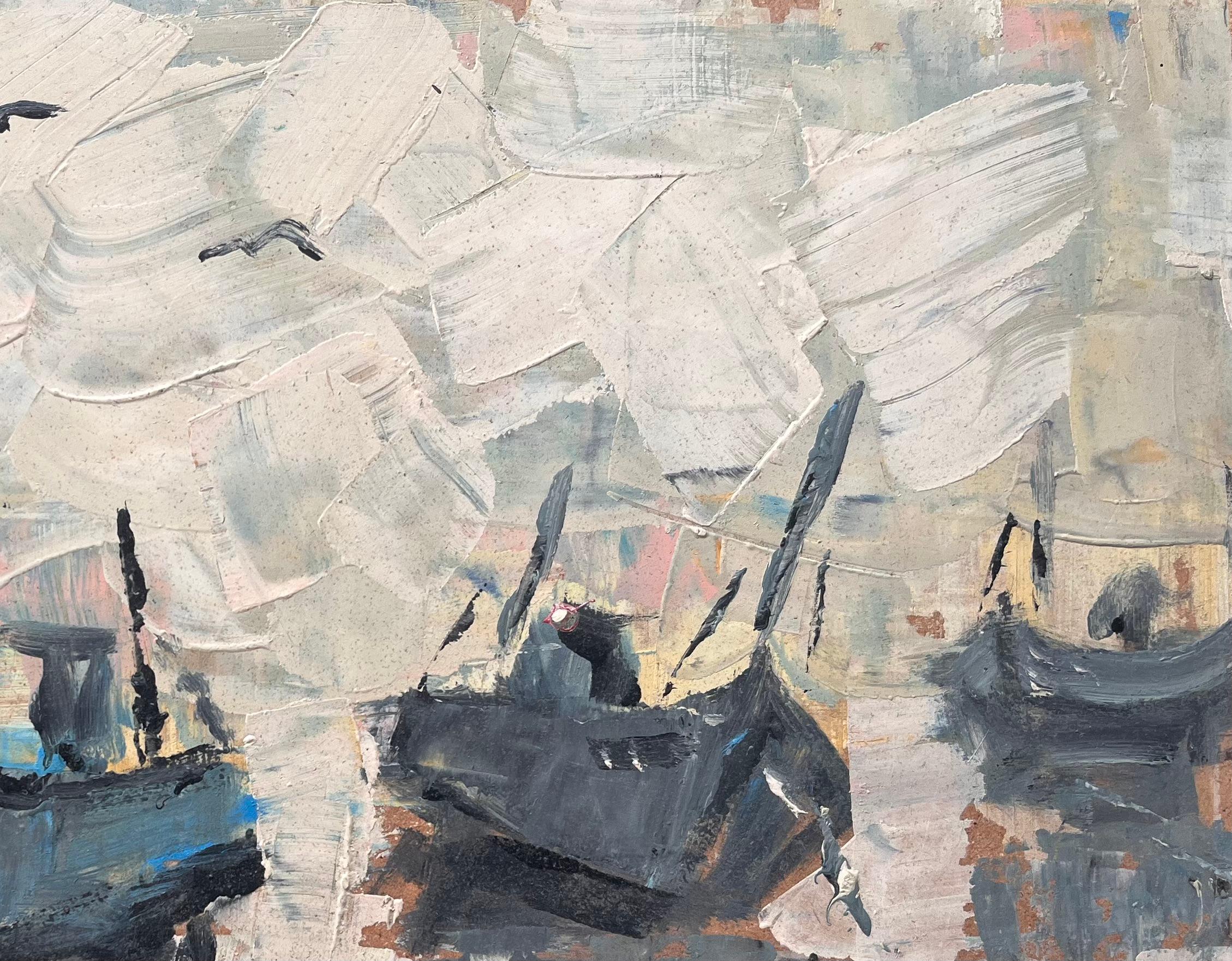 Titre : Bateaux au port sous un ciel couvert Scène de pêche impressionniste Bonjour Pêcheurs
Par Fanch Lel
Signé : Oui
Taille : 11.75 x 16.75 pouces (hauteur x largeur)
Peinture à l'huile sur carton, non encadrée
Condit : Le tableau est en bon