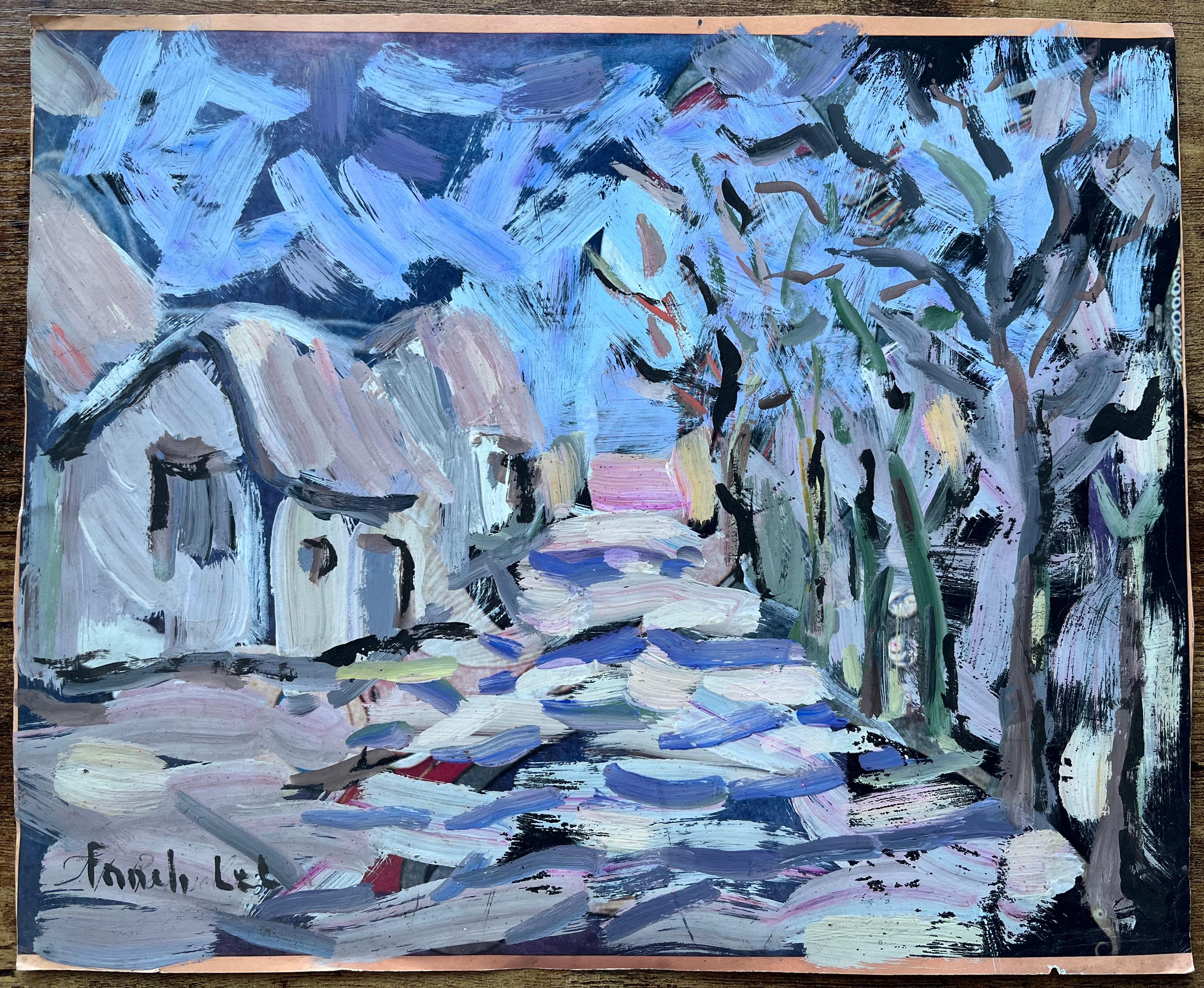 Pintura expresionista atrevida de un camino de pueblo con casitas y árboles - Painting de Fanch Lel
