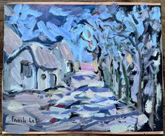 Audace dipinto espressionista di un sentiero di un villaggio con cottage e alberi