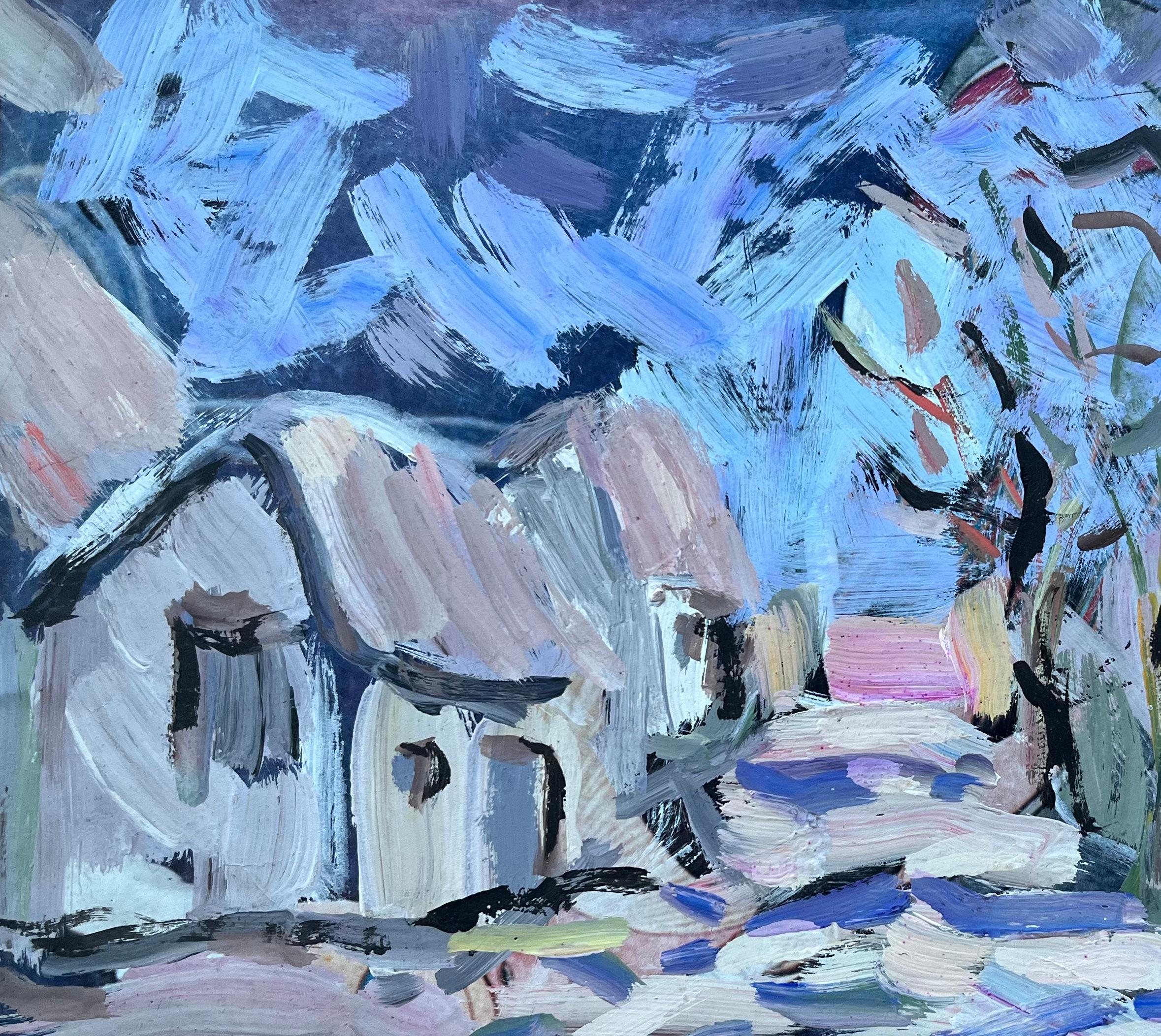 Pintura expresionista atrevida de un camino de pueblo con casitas y árboles - Painting Impresionista de Fanch Lel