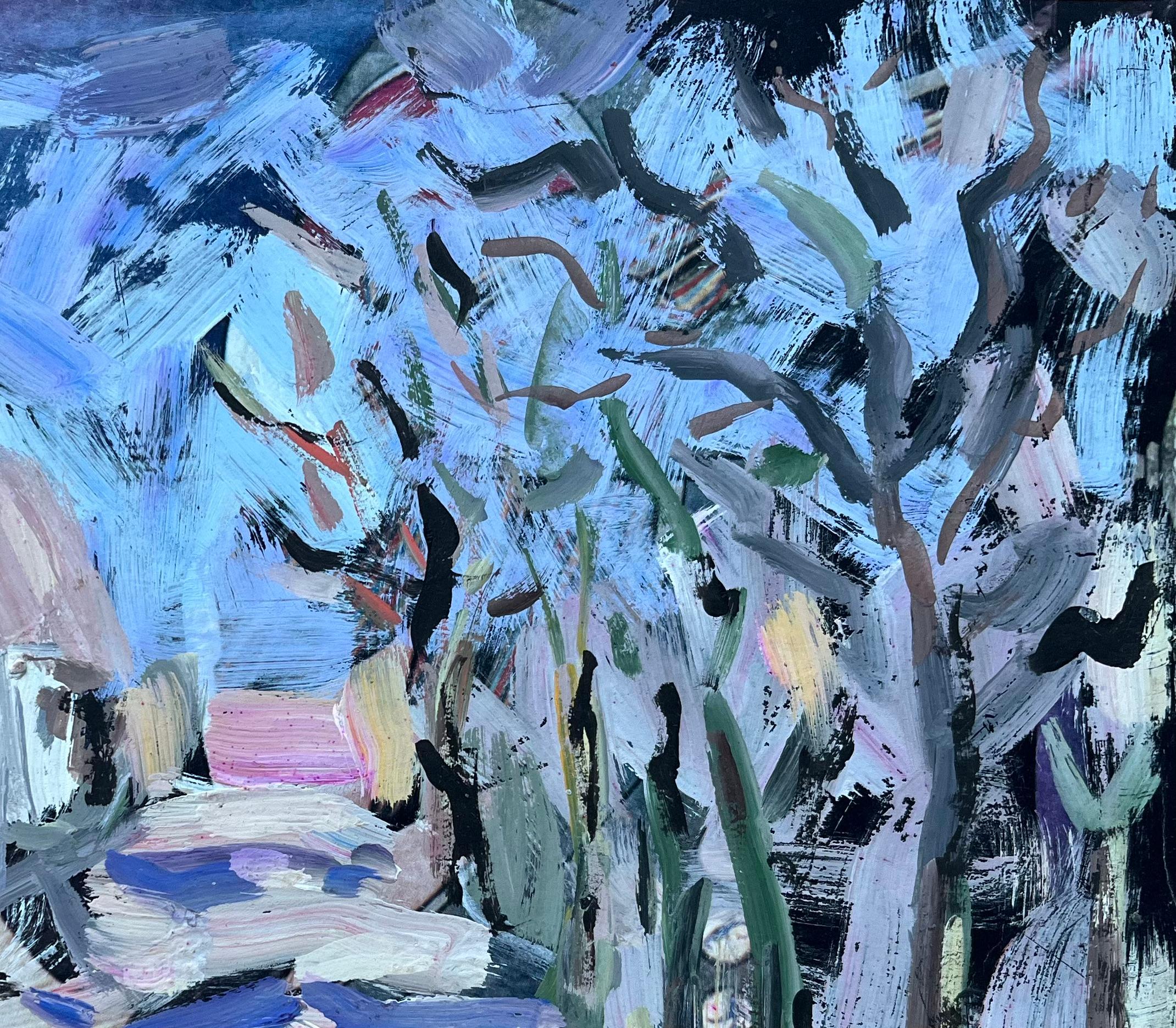 Pintura expresionista atrevida de un camino de pueblo con casitas y árboles - Figurative Painting Azul de Fanch Lel