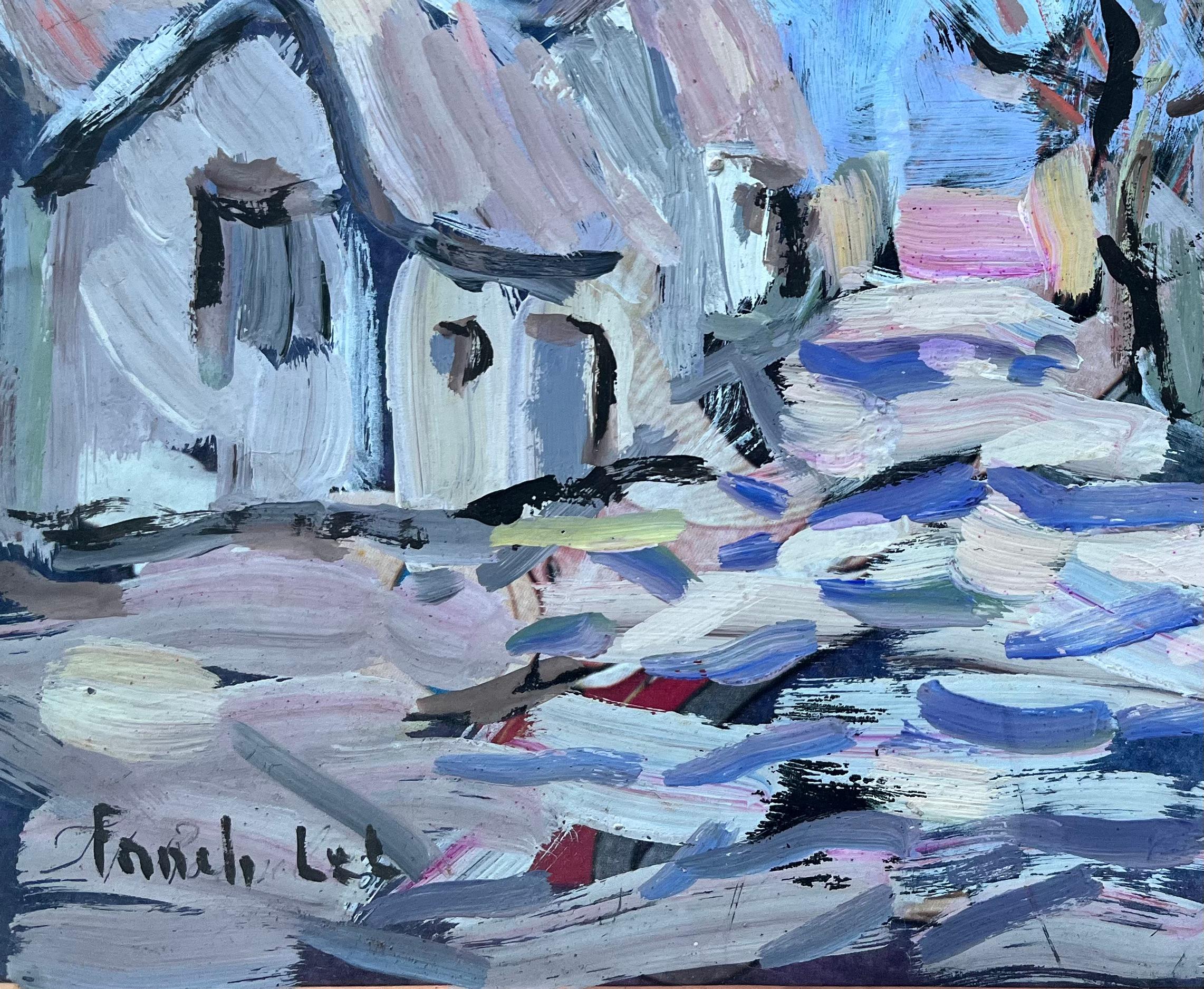 Pintura expresionista atrevida de un camino de pueblo con casitas y árboles en venta 1