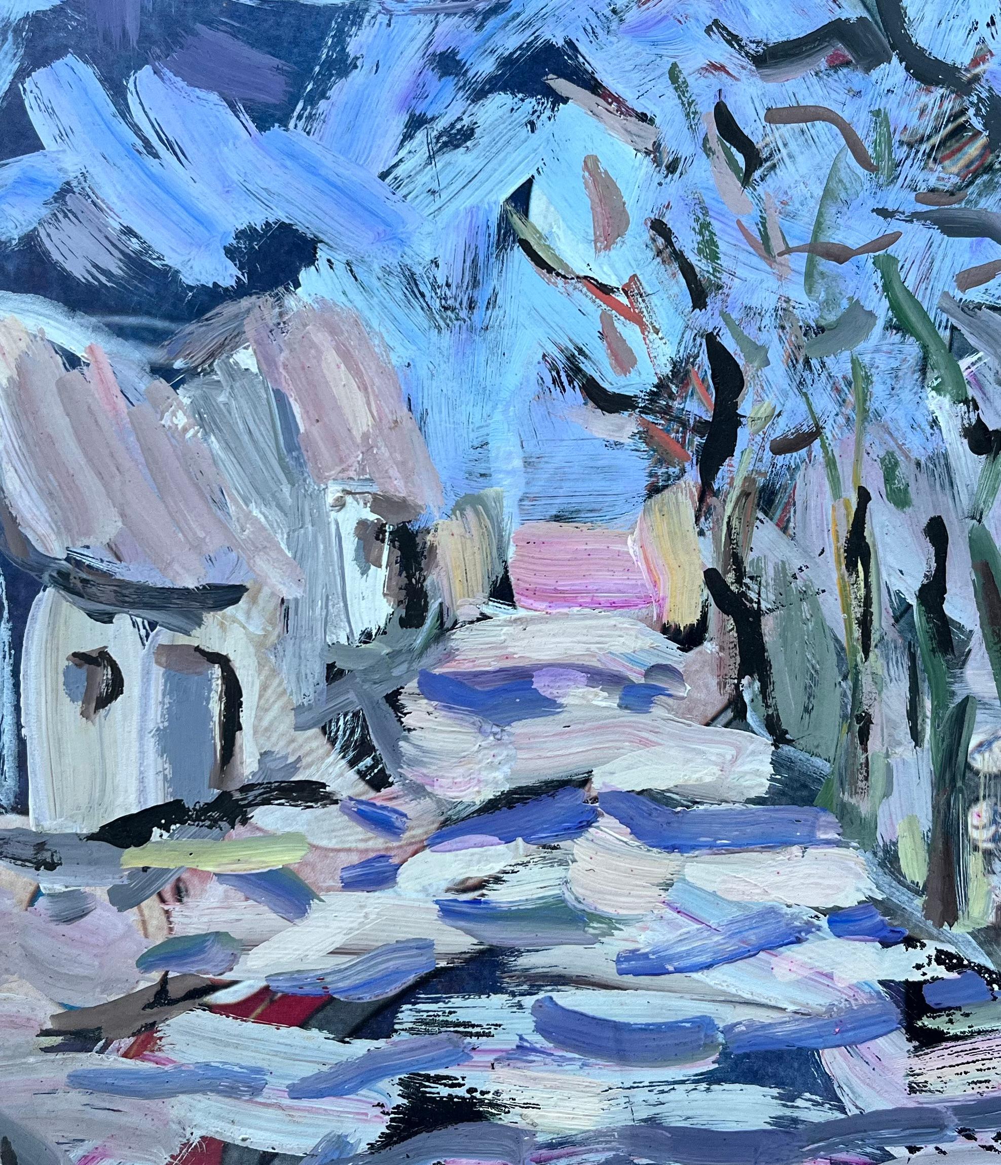 Pintura expresionista atrevida de un camino de pueblo con casitas y árboles en venta 2