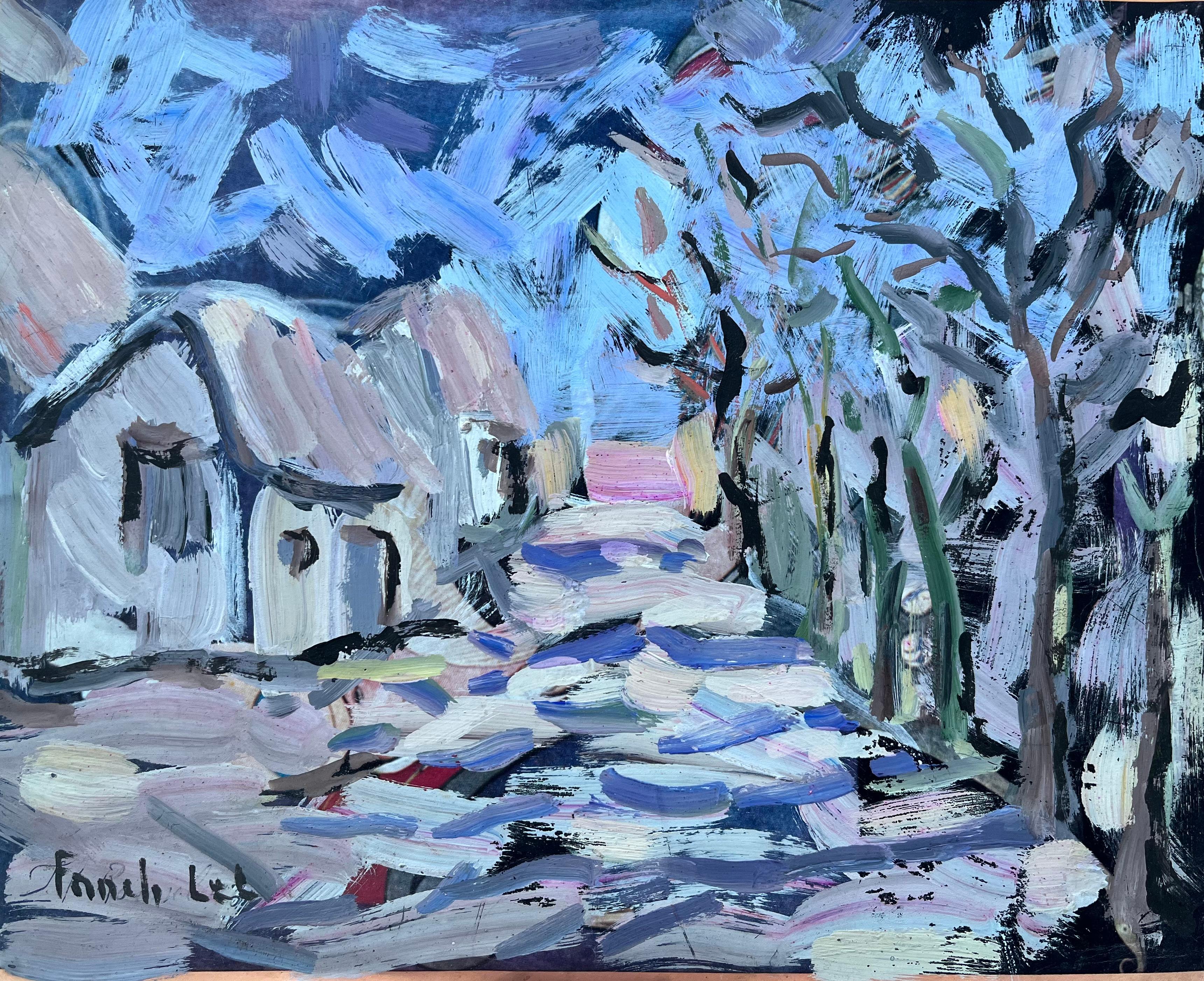 Audace dipinto espressionista di un sentiero di un villaggio con cottage e alberi