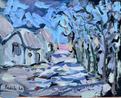 Audace dipinto espressionista di un sentiero di un villaggio con cottage e alberi