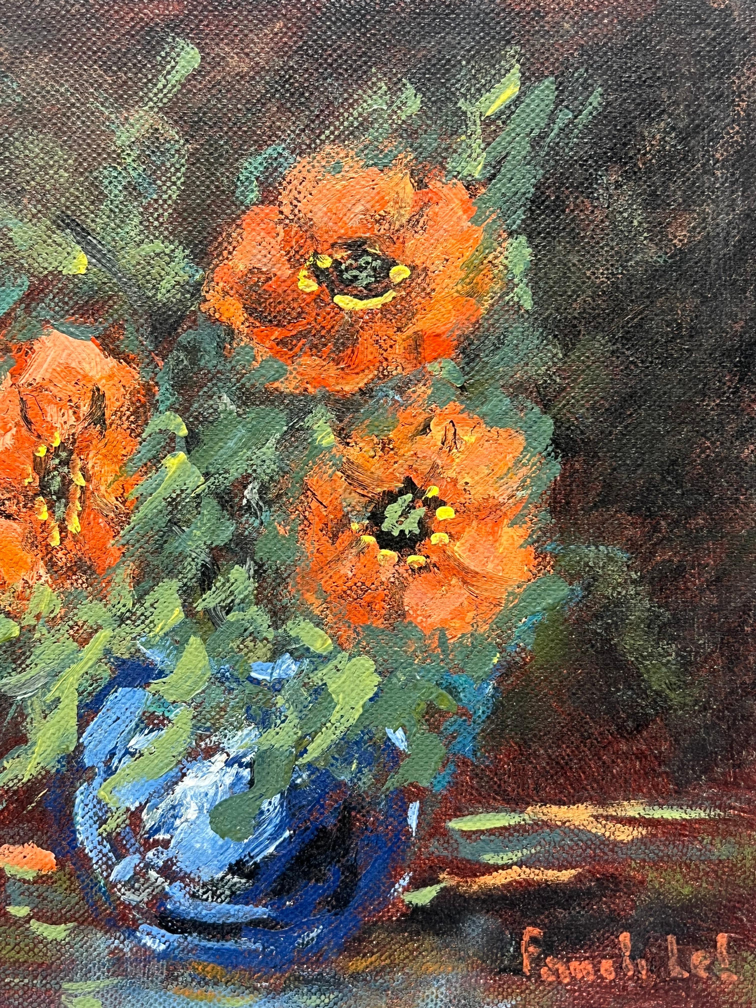 Nature morte audacieuse avec un bouquet d'anémones orange vif dans un vase bleu - Impressionnisme Painting par Fanch Lel