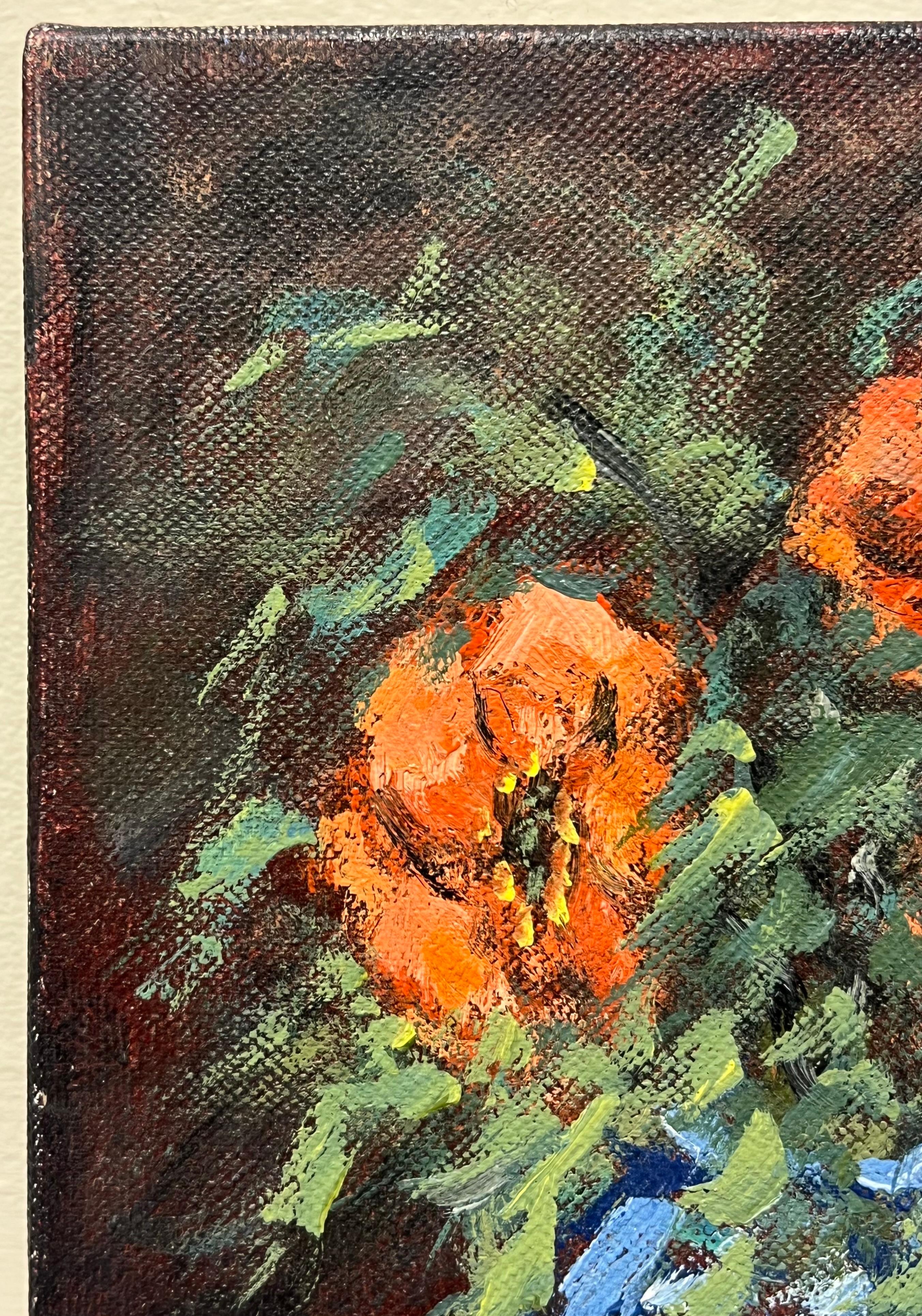 Nature morte audacieuse avec un bouquet d'anémones orange vif dans un vase bleu - Noir Interior Painting par Fanch Lel