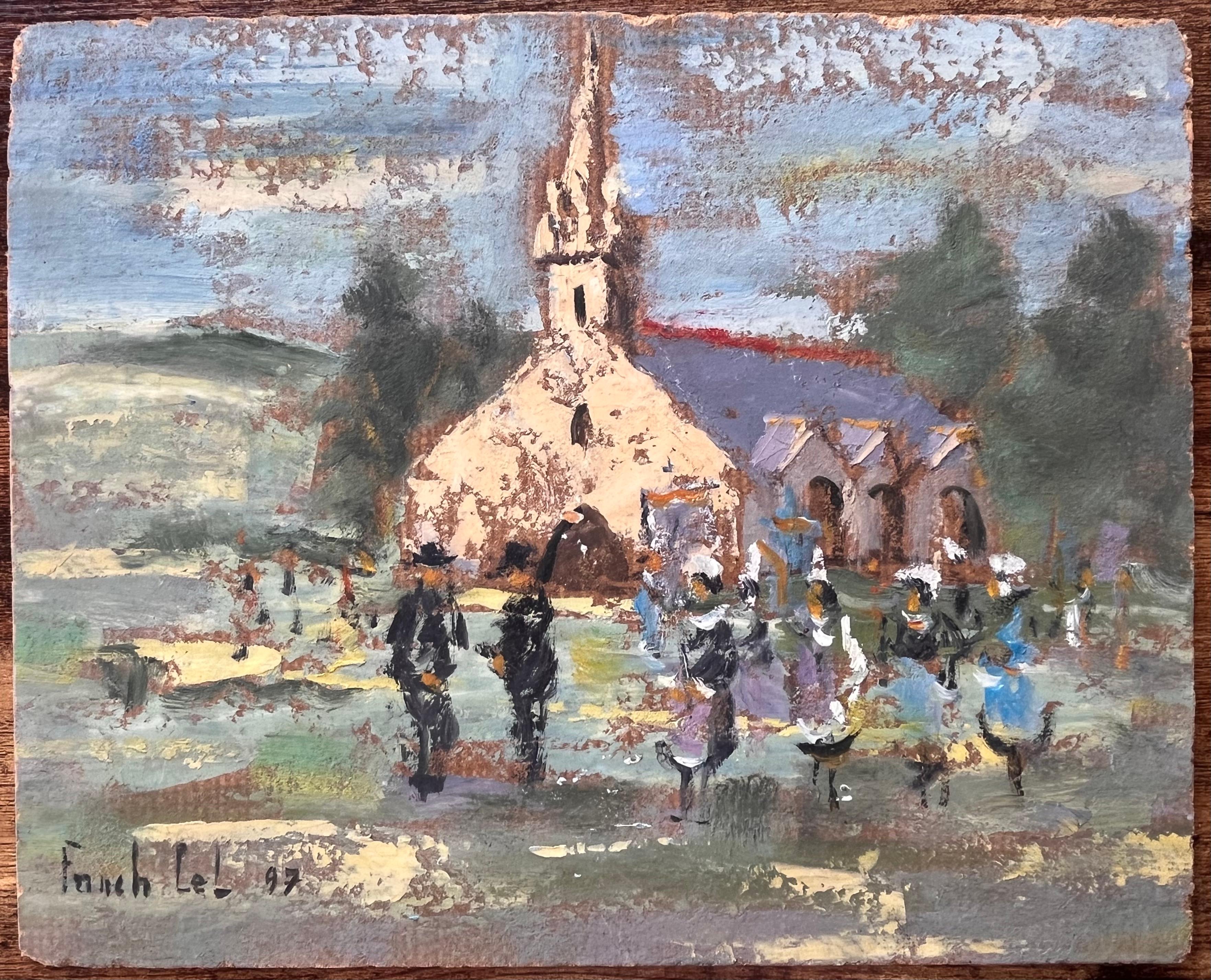 Breton Village Church Scene with Traditional Procession in Folk Costume - Painting by Fanch Lel