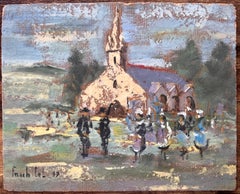 Breton Village Church Scene with Traditional Procession in Folk Costume