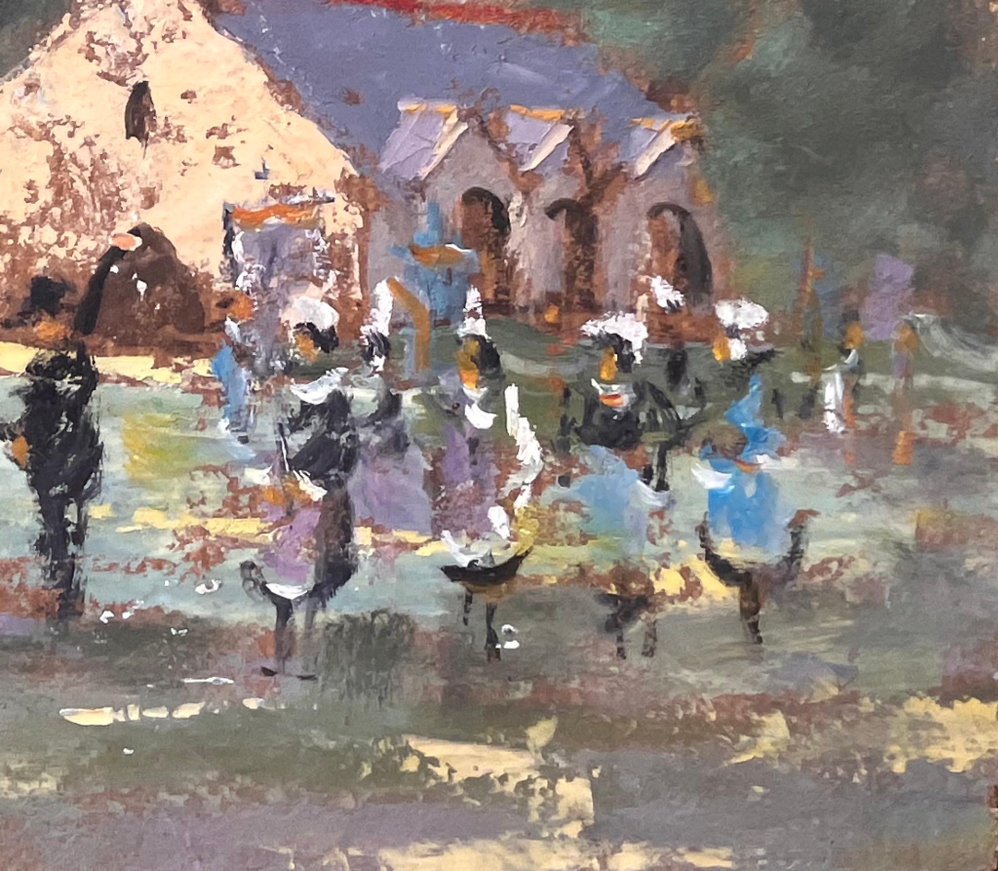 Breton Village Church Scene with Traditional Procession in Folk Costume - Impressionist Painting by Fanch Lel