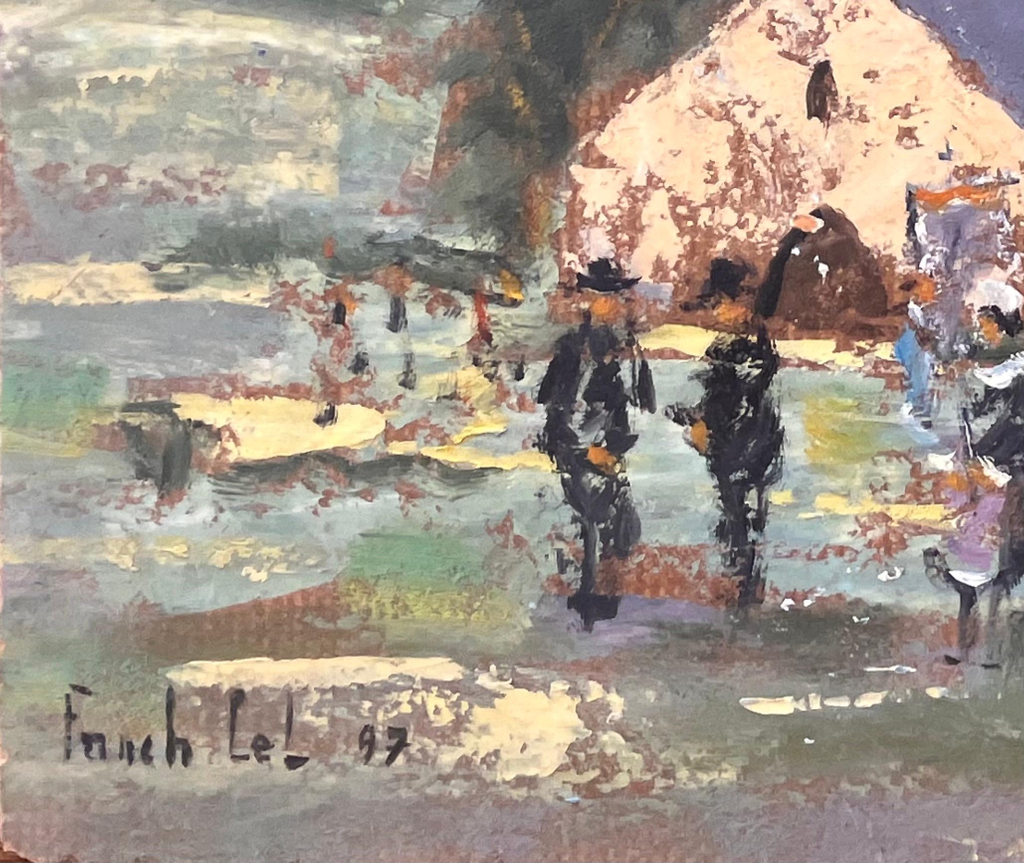 Breton Village Church Scene with Traditional Procession in Folk Costume - Gray Landscape Painting by Fanch Lel