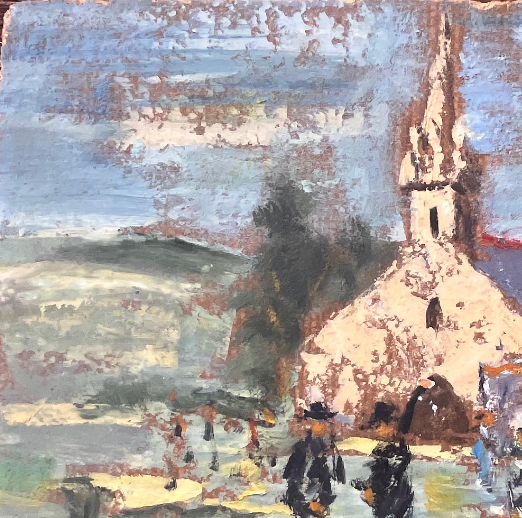 Title: Breton Village Church Scene with Traditional Procession in Folk Costume
by Fanch Lel
Signed: yes
Size: 9.5 inches (height) x 11.75 inches (width)
Medium: Oil on board, unframed
Condition: The painting is in good condition with slight edge