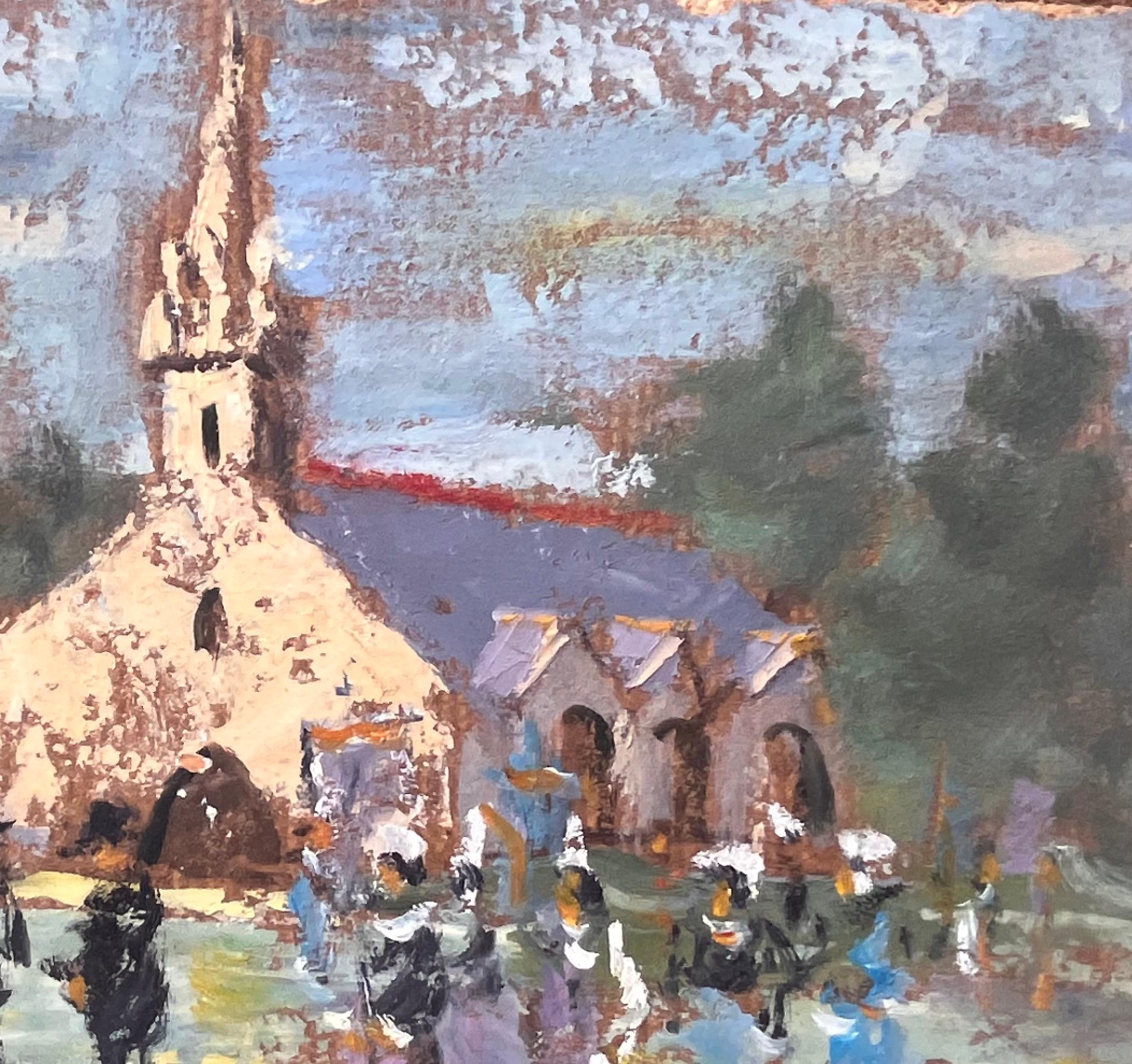Breton Village Church Scene with Traditional Procession in Folk Costume For Sale 1