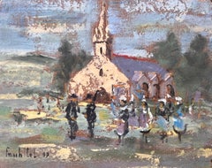 Scena di chiesa di un villaggio bretone con processione tradizionale in costume popolare