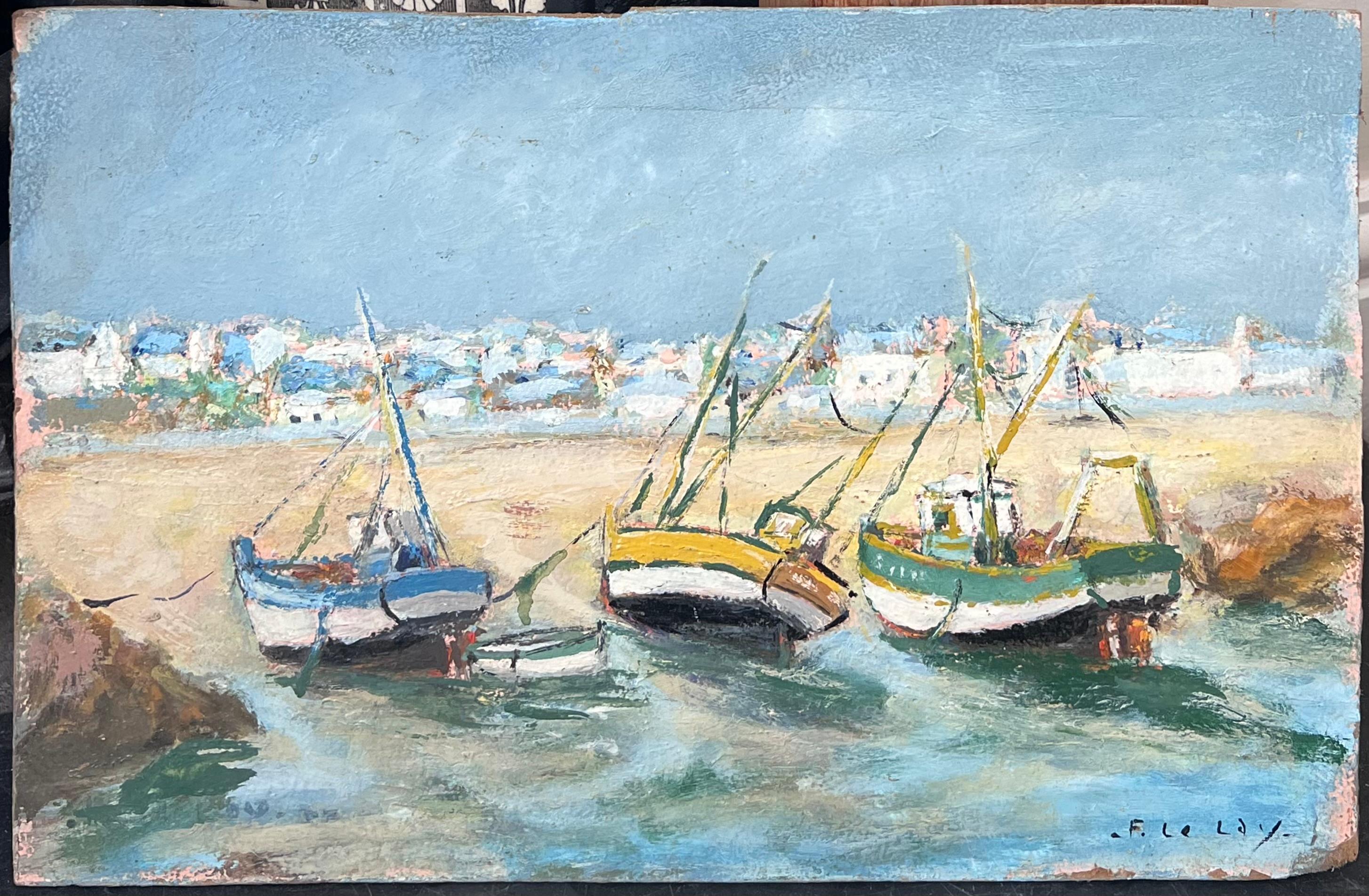 Bateaux colorés amarrés sur le sable en été Paysage français Peinture à l'huile - Painting de Fanch Lel