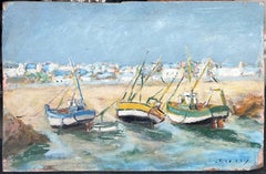 Barche colorate e luminose attraccate sulla sabbia d'estate Paesaggio francese dipinto ad olio