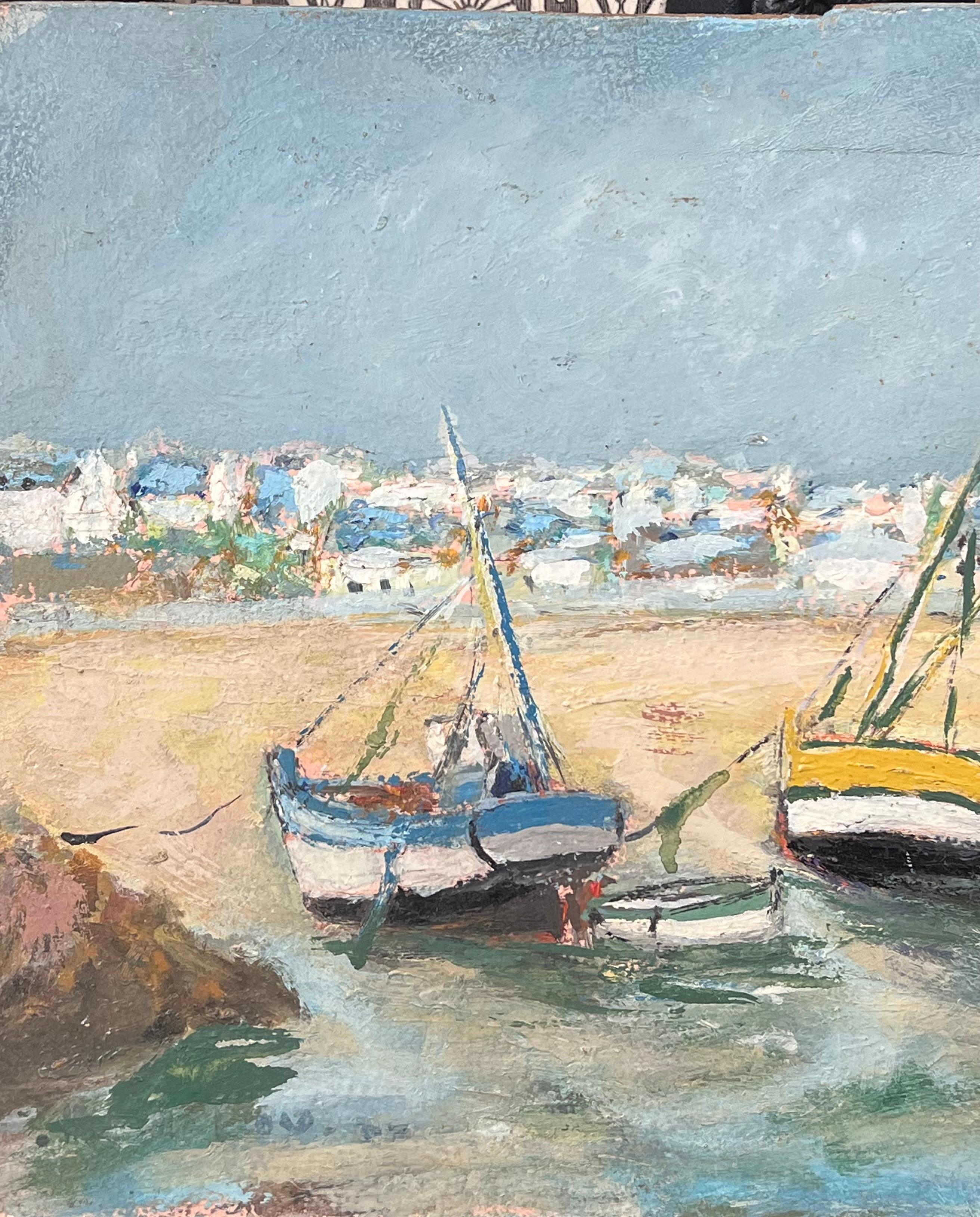 Bateaux colorés amarrés sur le sable en été Paysage français Peinture à l'huile - Impressionnisme Painting par Fanch Lel