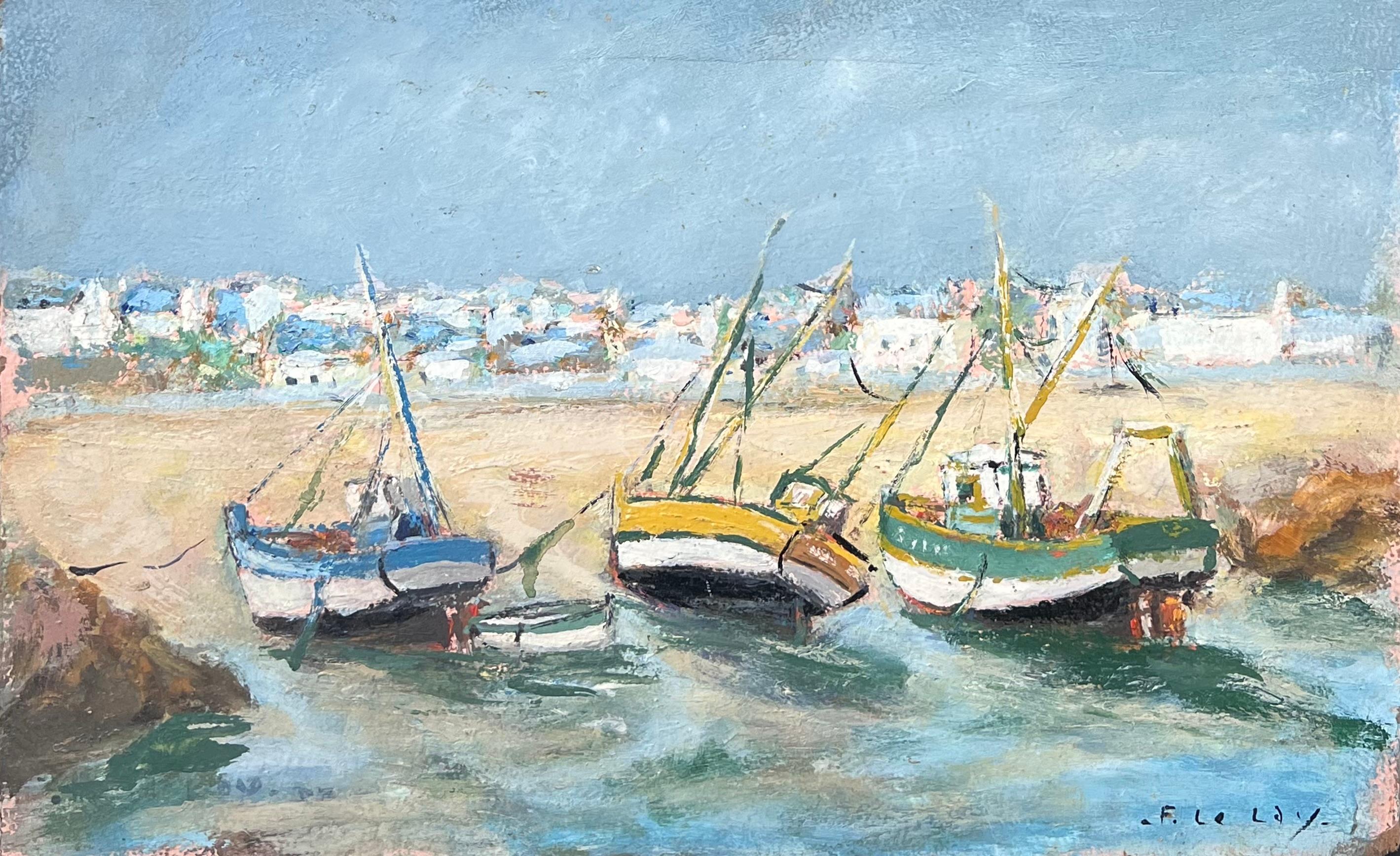 Bateaux colorés amarrés sur le sable en été Paysage français Peinture à l'huile en vente 1