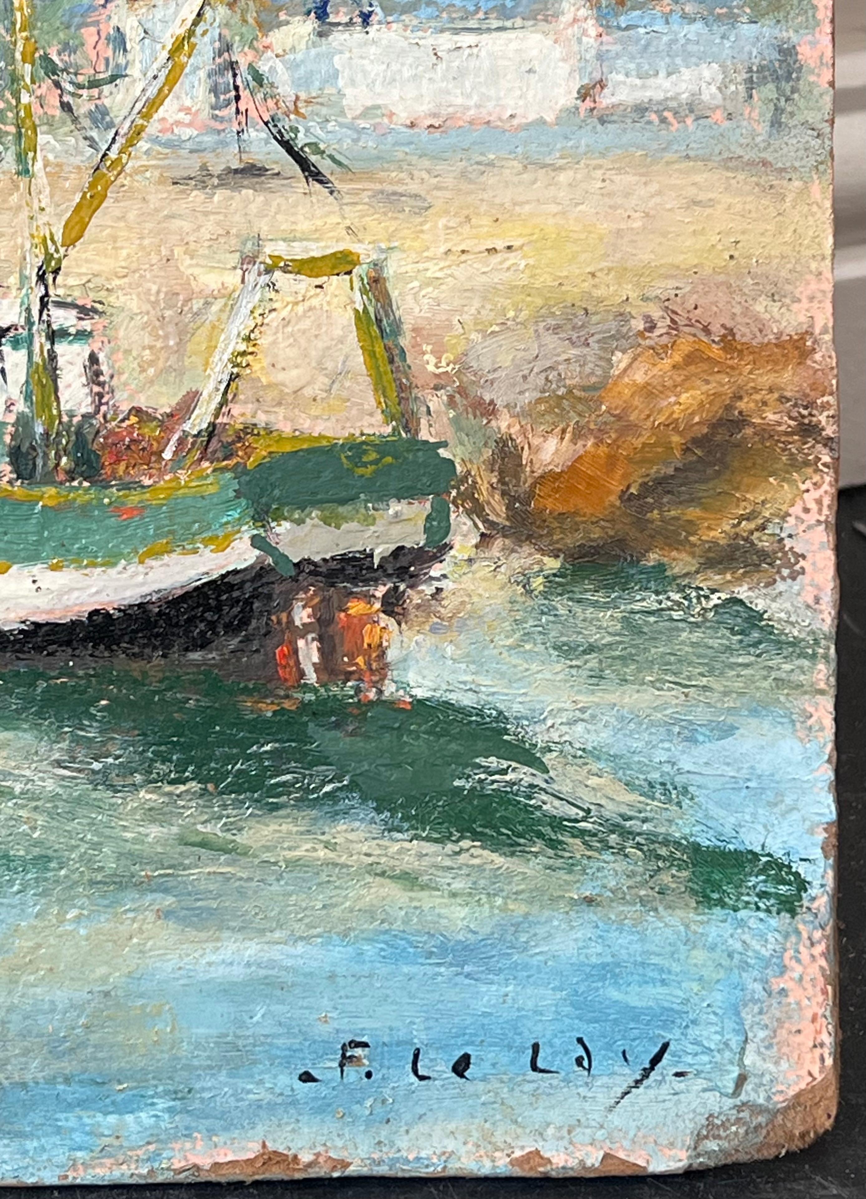 Bateaux colorés amarrés sur le sable en été Paysage français Peinture à l'huile en vente 3