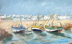 Bateaux colorés amarrés sur le sable en été Paysage français Peinture à l'huile