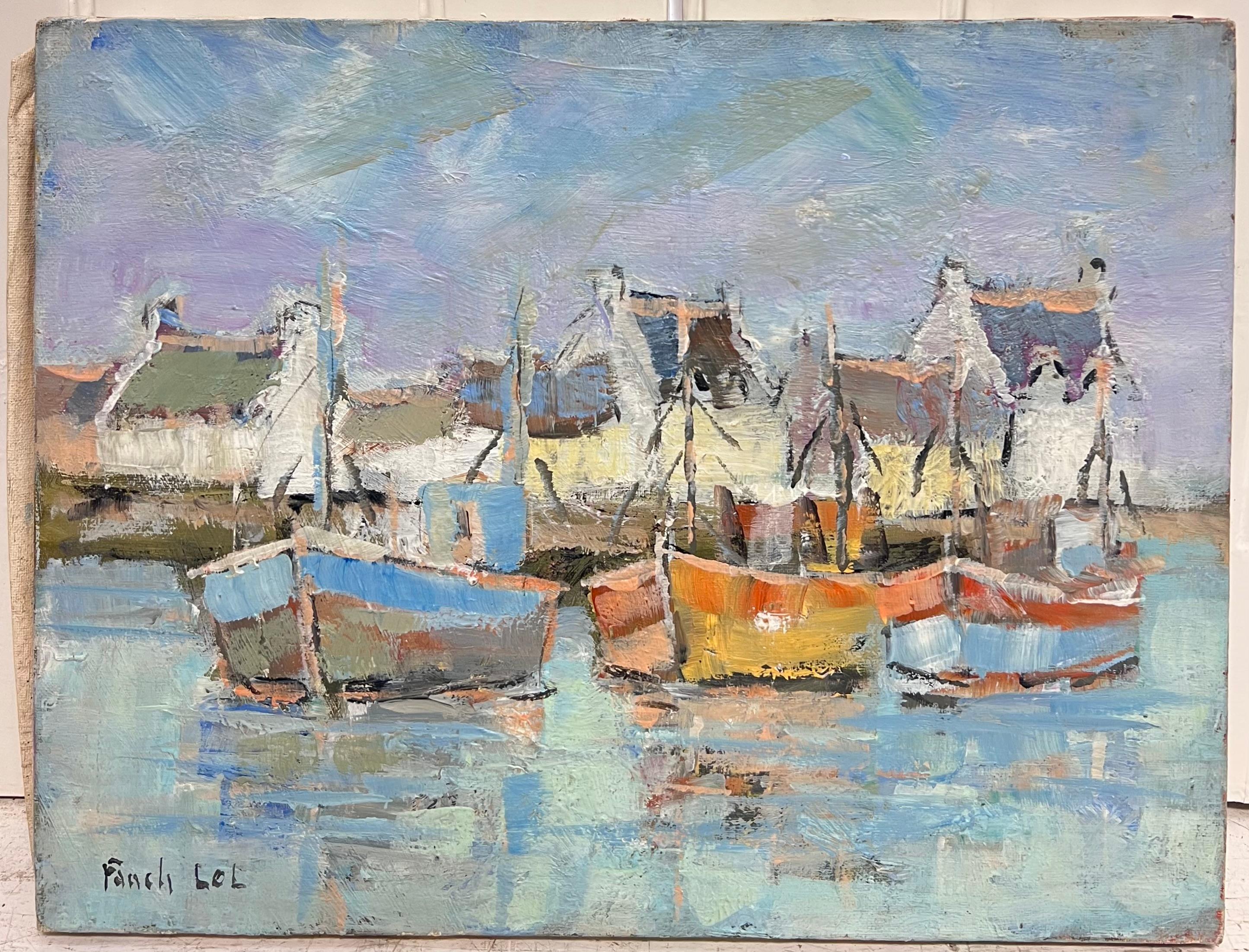 Bateaux colorés dans le port d'été bleu Peinture à l'huile française - Painting de Fanch Lel