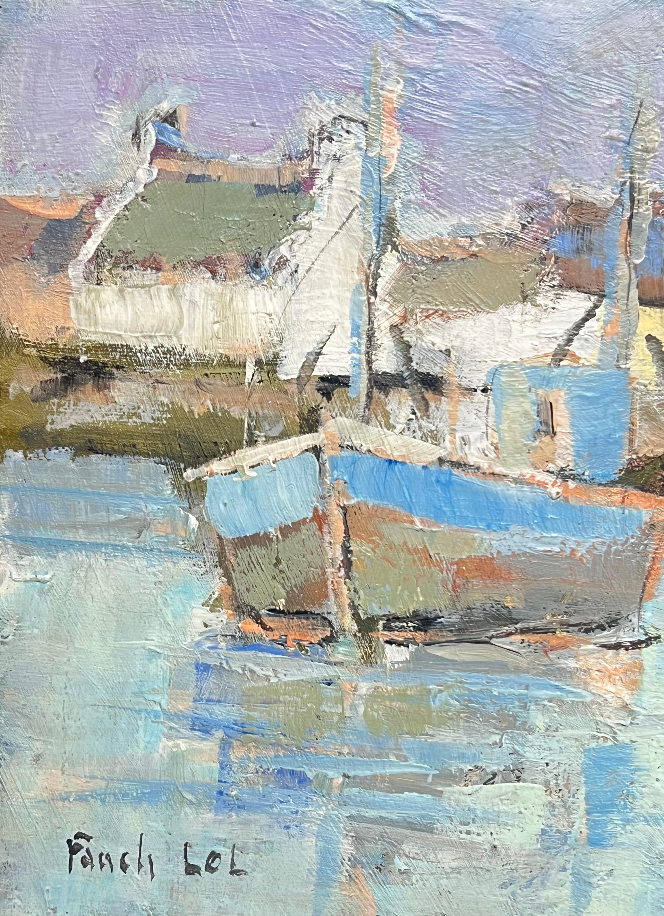 Bateaux colorés dans le port d'été bleu Peinture à l'huile française - Impressionnisme Painting par Fanch Lel