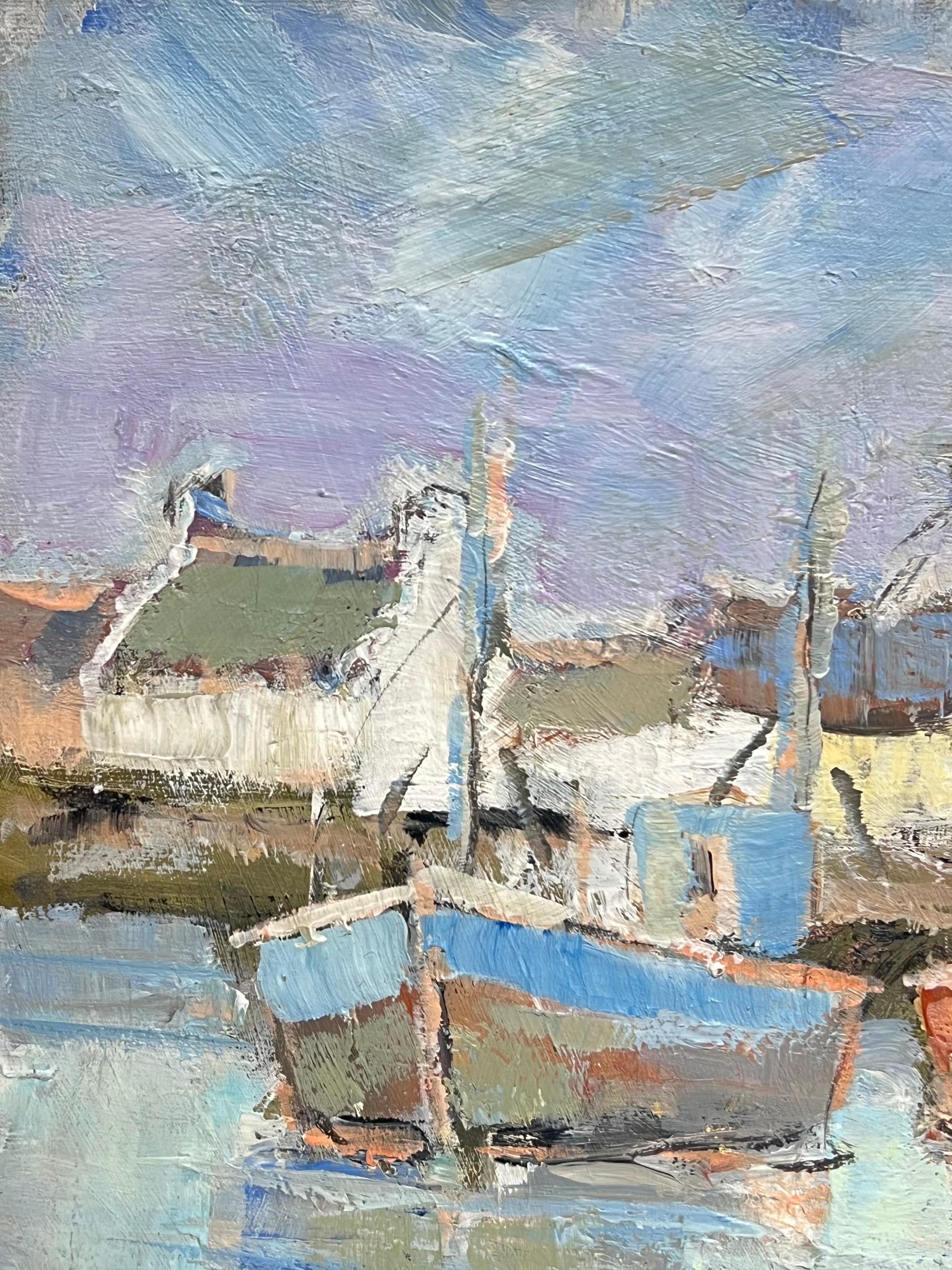 Bateaux colorés dans le port d'été bleu Peinture à l'huile française - Gris Landscape Painting par Fanch Lel