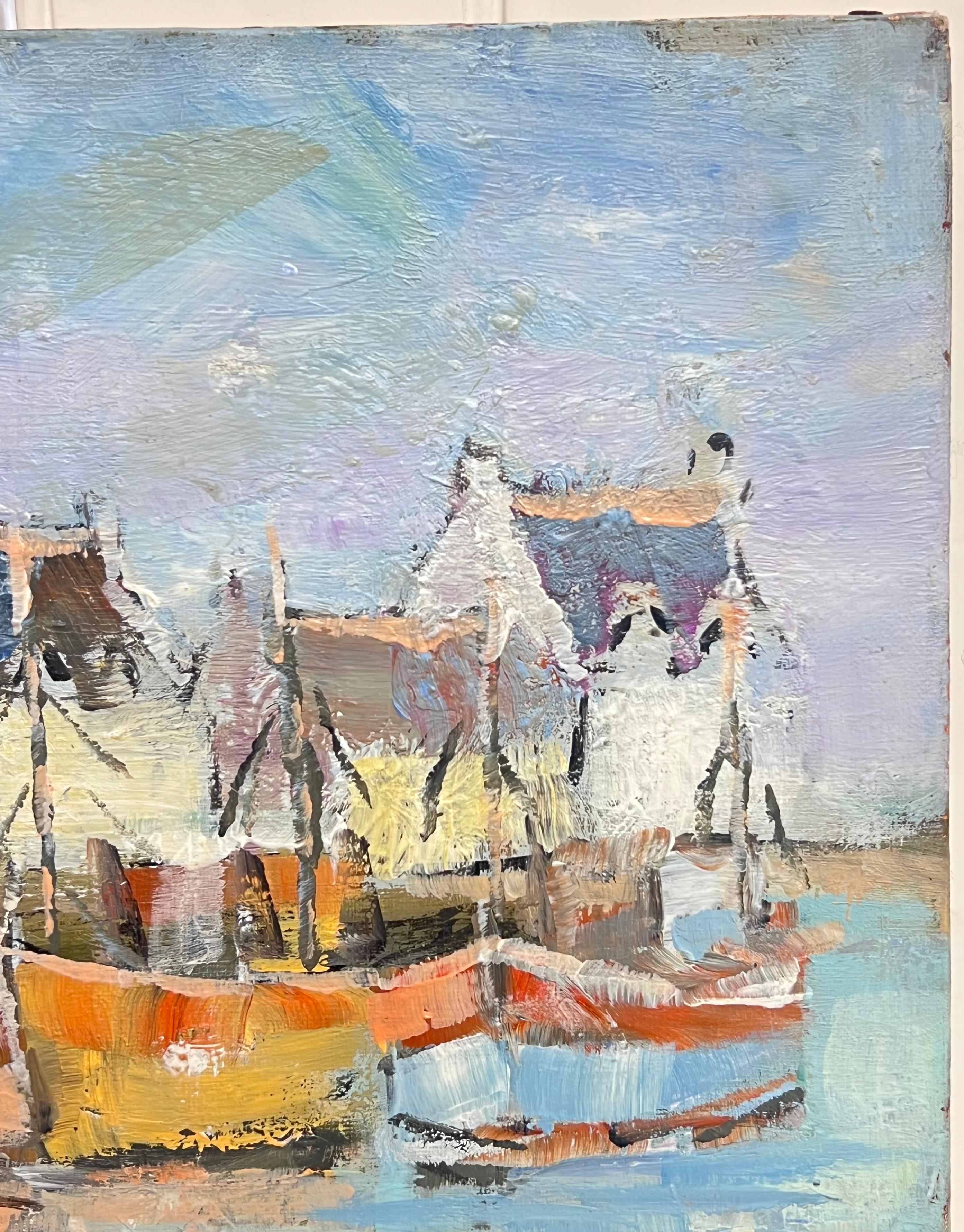Port d'été lumineux
Signé par Fanch Lel
Taille : 11 x 14 pouces (hauteur x largeur)
Peinture à l'huile sur toile, non encadrée
Condit : Bon état général avec de légères marques de manipulation en surface et une légère usure sur les bords, cohérente