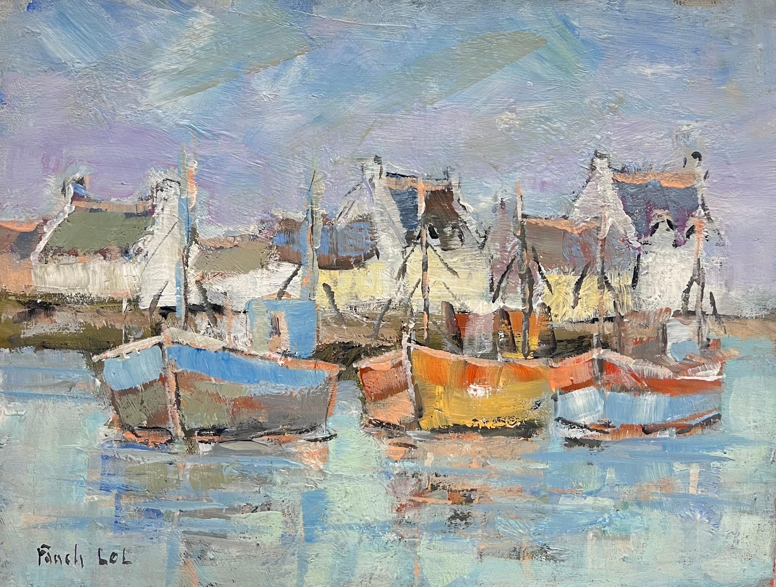 Bateaux colorés dans le port d'été bleu Peinture à l'huile française