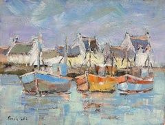 Bright & Colourful Boats In The Blue Summer Harbour French Oil Painting