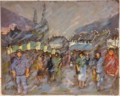 Bustling Breton Market Scene in Rain with Figures & Village Rooftops French Oil