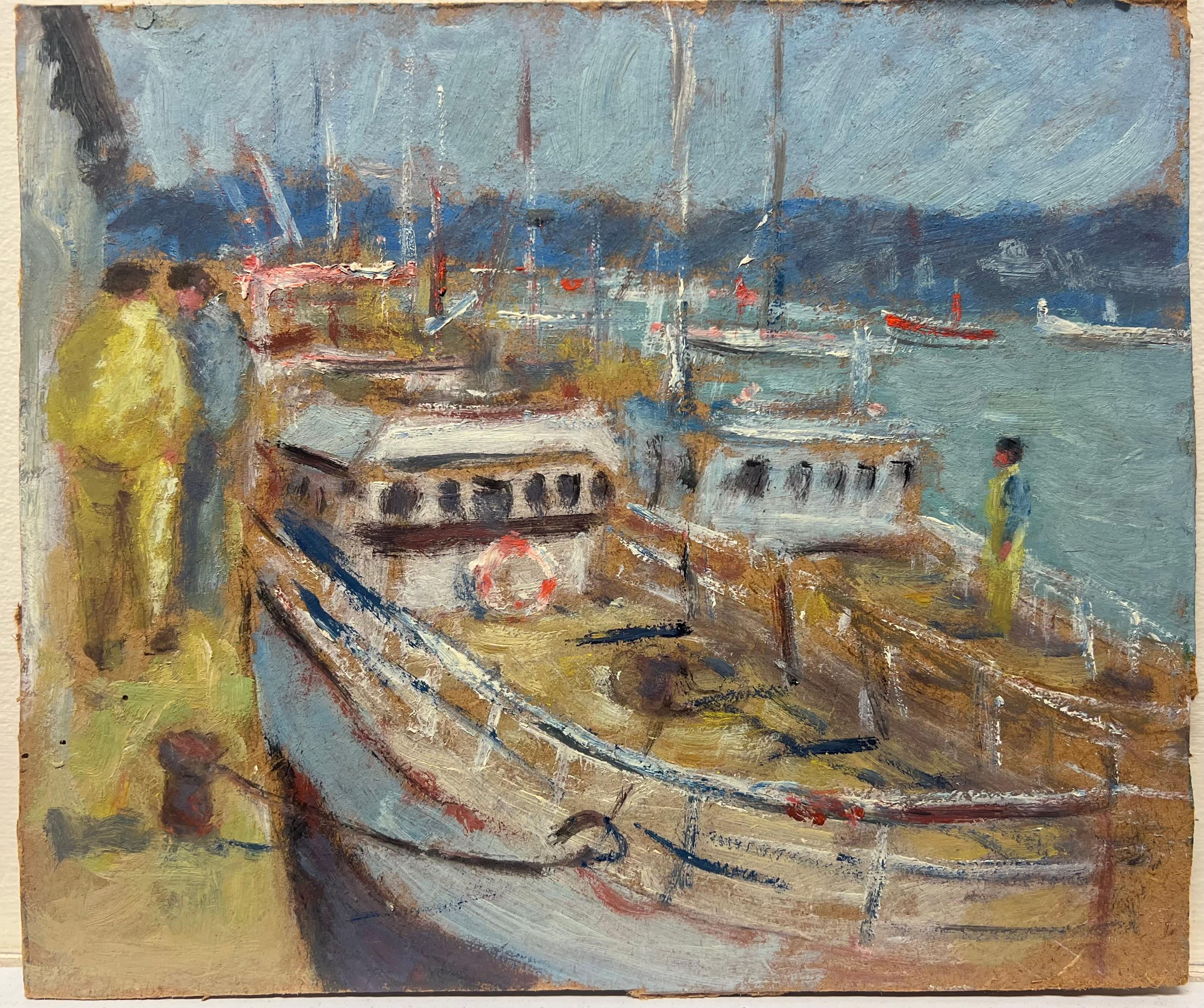 Scena di porto movimentata con barche a vela e lavoratori del porto Pittura a olio francese - Painting di Fanch Lel