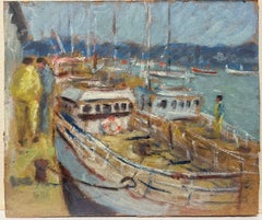 Bustling Dockside Scene with Sailboats and Dockworkers French Oil Painting