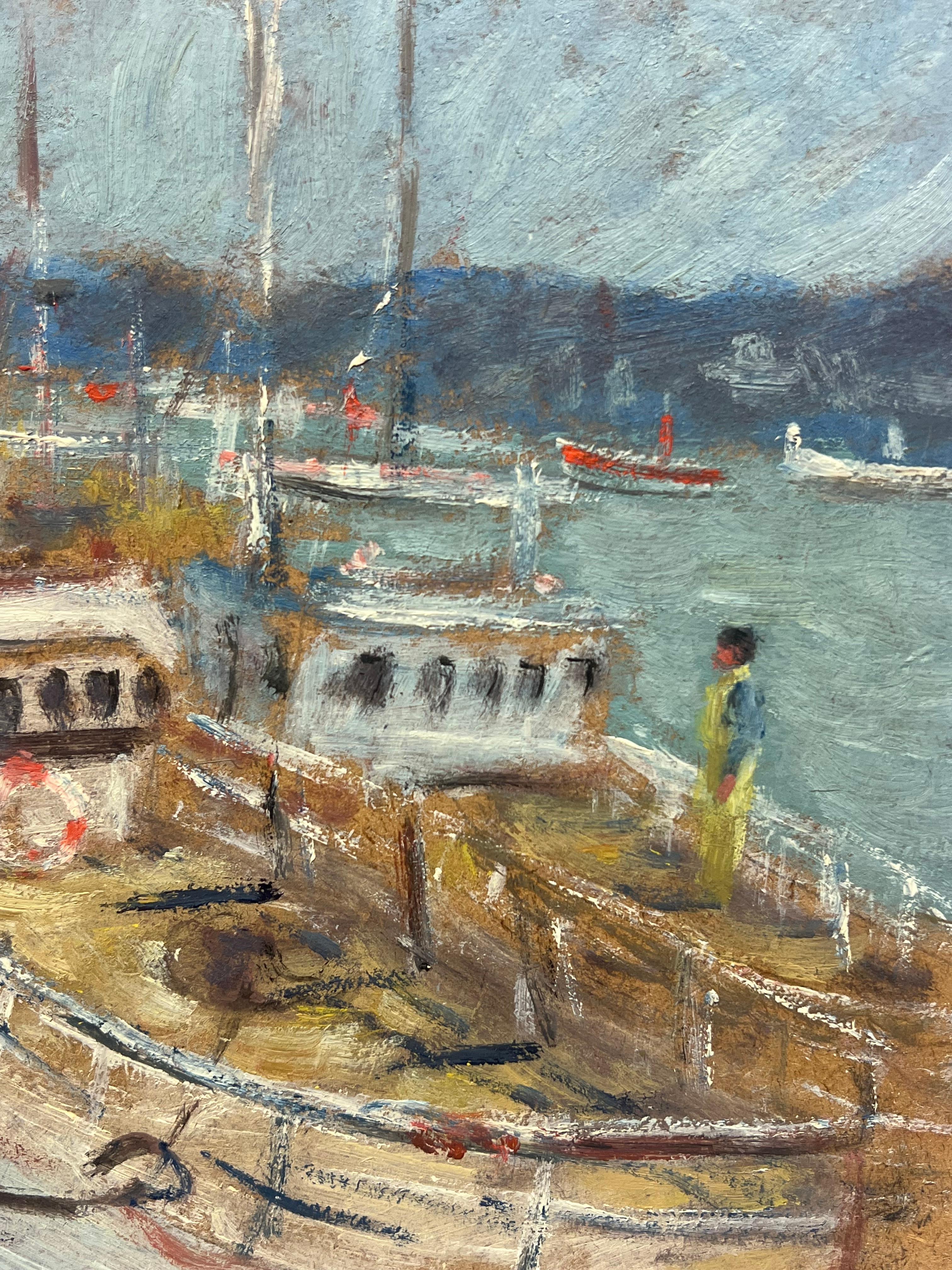 Scena di porto movimentata con barche a vela e lavoratori del porto Pittura a olio francese - Painting Impressionismo di Fanch Lel