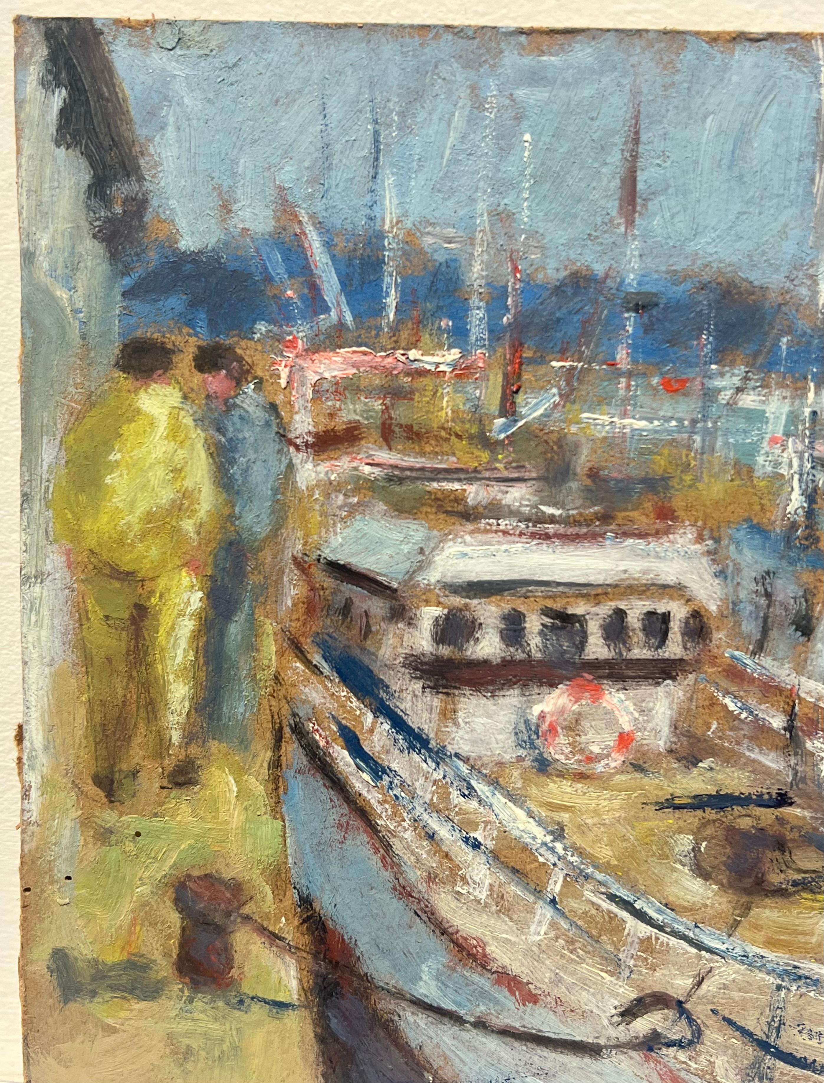 Scena di porto movimentata con barche a vela e lavoratori del porto Pittura a olio francese - Figurative Painting Grigio di Fanch Lel