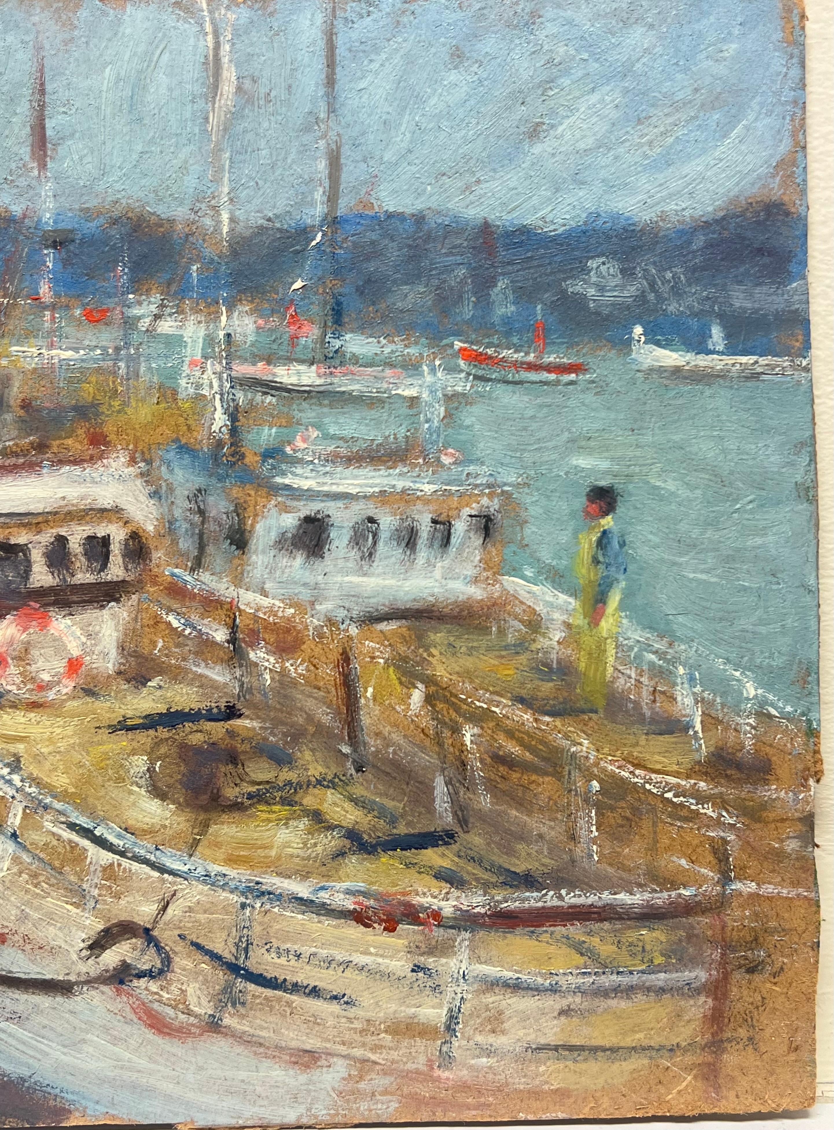 Il vivace porto
di Fanch Lel (francese, nato nel 1930)
dimensioni: 9 x 10,5 pollici
dipinto a olio su tavola, senza cornice
condizioni: il dipinto è in ottime condizioni. In precedenza è stato conservato nello studio dell'artista. 

Provenienza: