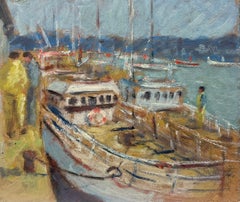 Bustling Dockside Scene with Sailboats and Dockworkers French Oil Painting