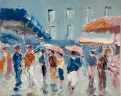 Busy Figures Walking Through The Rainy Market Day Colourful Umbrellas Oil
