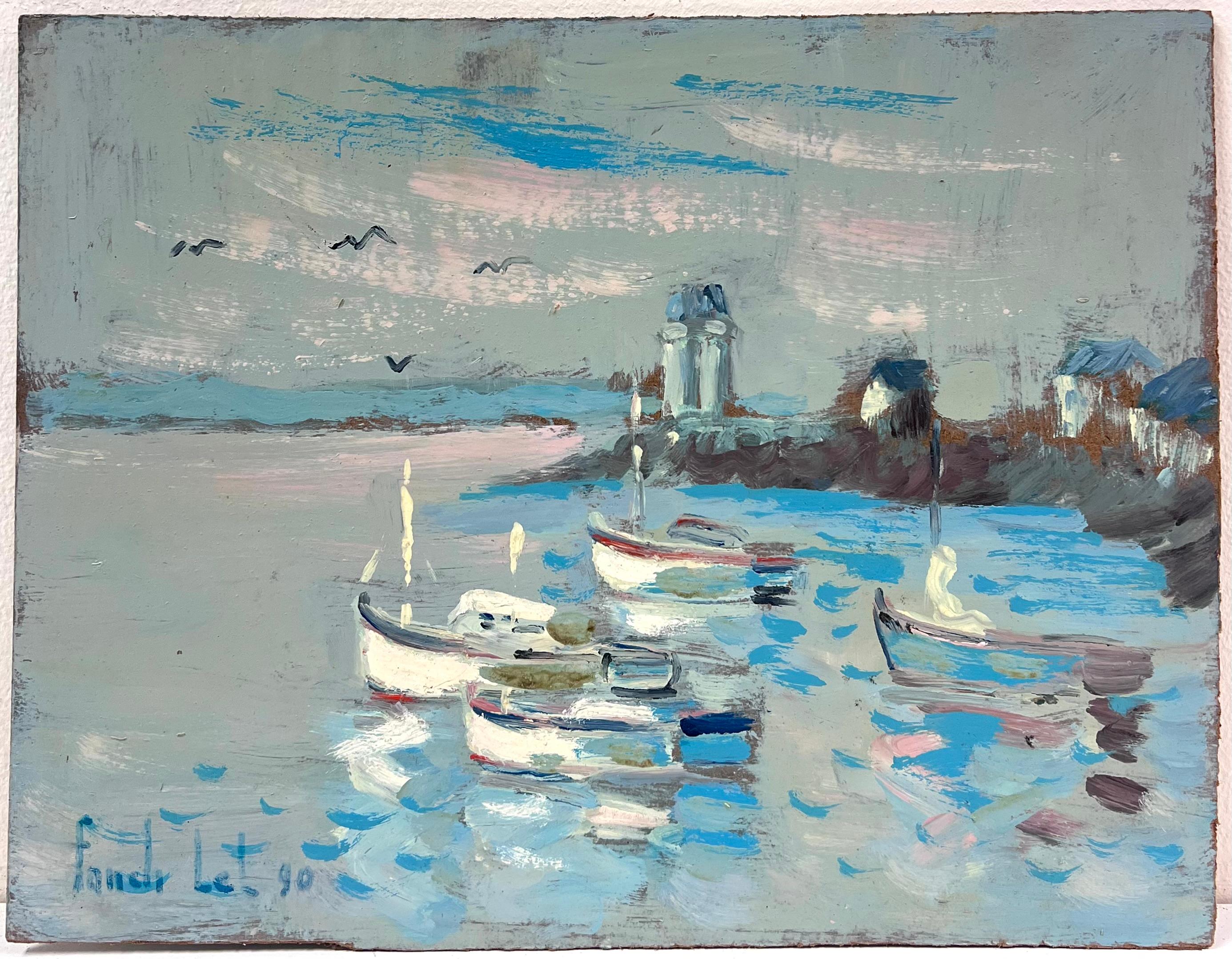 Tarde tranquila Barcos y faros en aguas mansas y moteadas Pintura al óleo - Painting de Fanch Lel