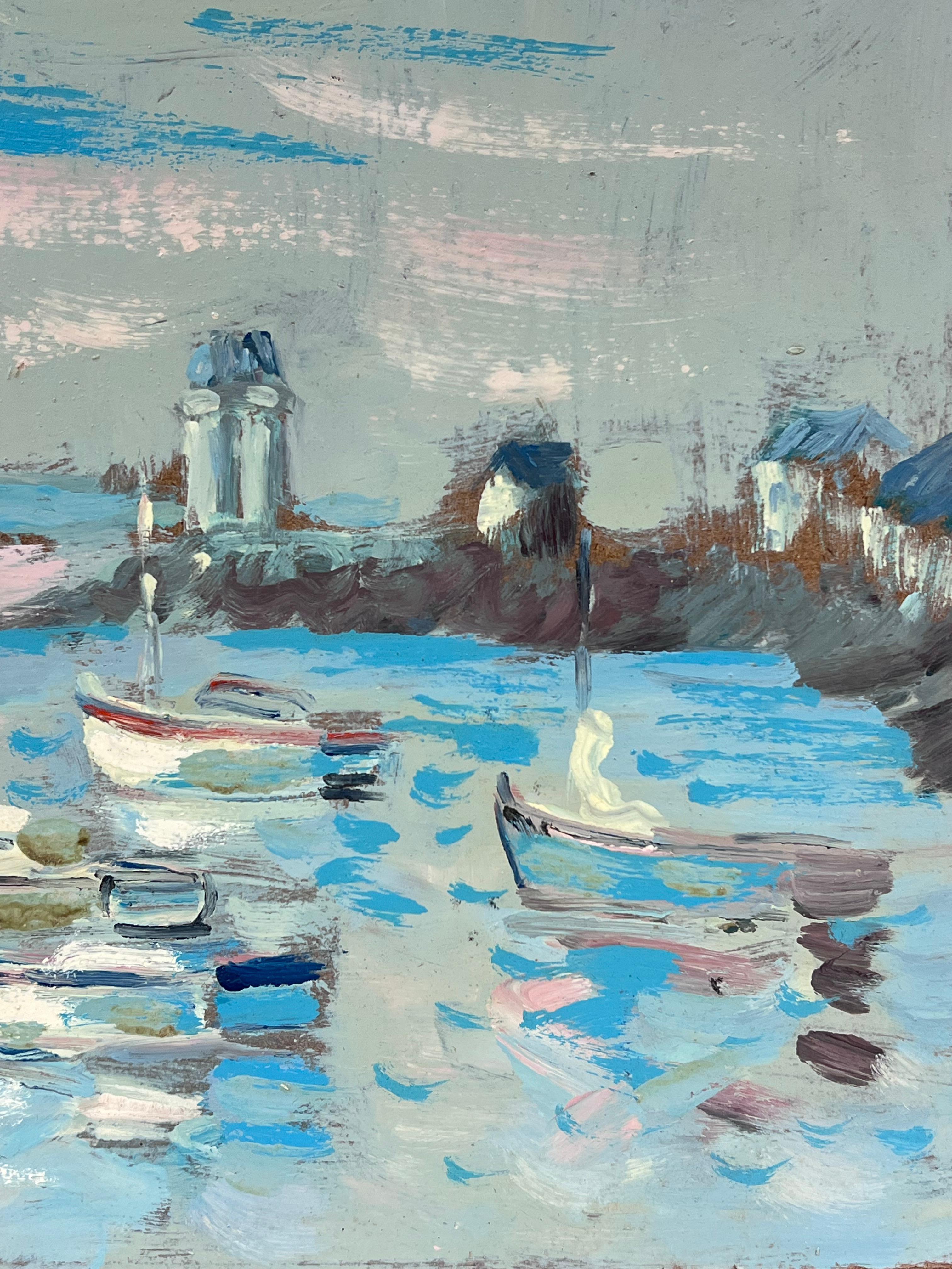 Tarde tranquila Barcos y faros en aguas mansas y moteadas Pintura al óleo - Painting Impresionista de Fanch Lel