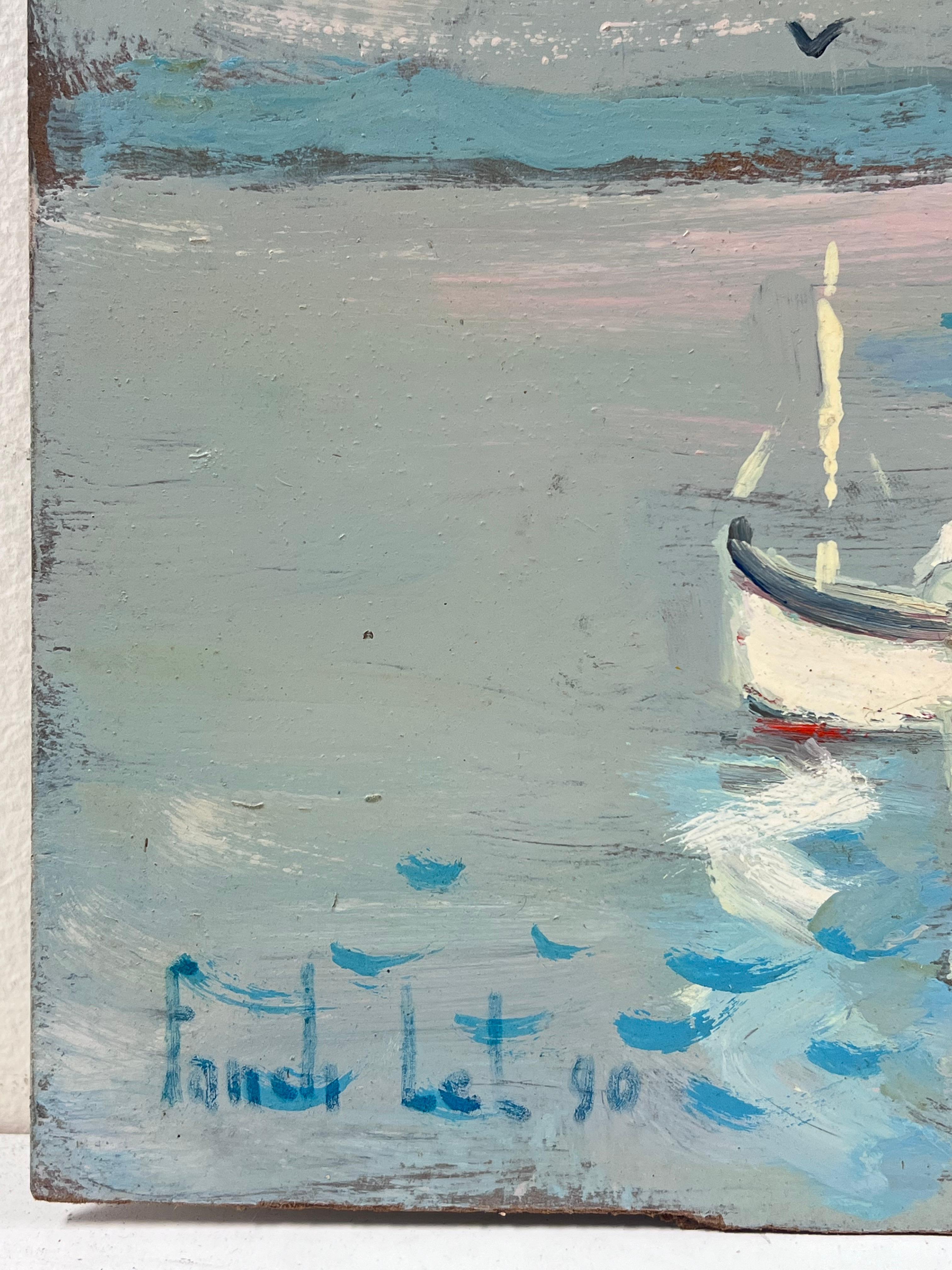 Tarde tranquila Barcos y faros en aguas mansas y moteadas Pintura al óleo - Landscape Painting Gris de Fanch Lel
