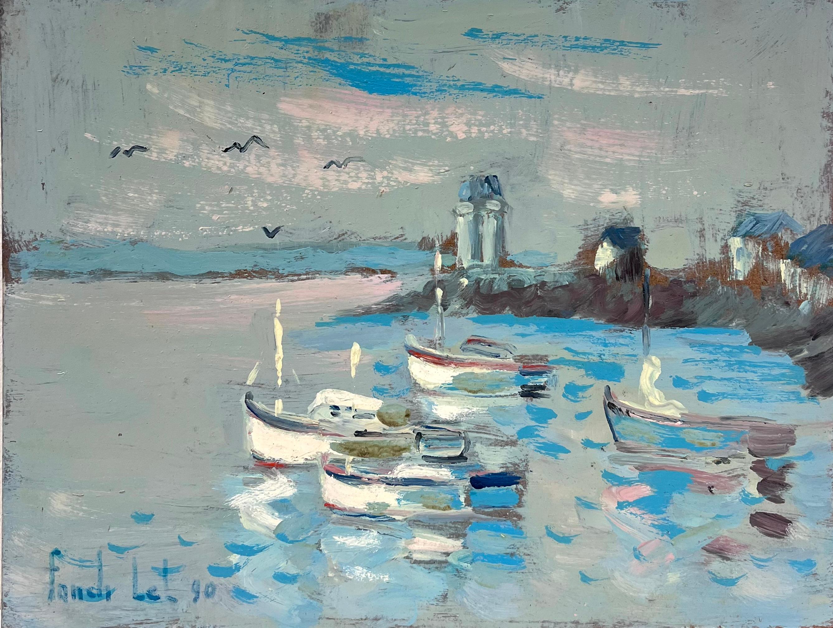 Landscape Painting de Fanch Lel - Tarde tranquila Barcos y faros en aguas mansas y moteadas Pintura al óleo