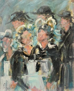 Charmante peinture à l'huile impressionniste française pour des jeunes filles vêtues d'une uniforme lors d'une réunion