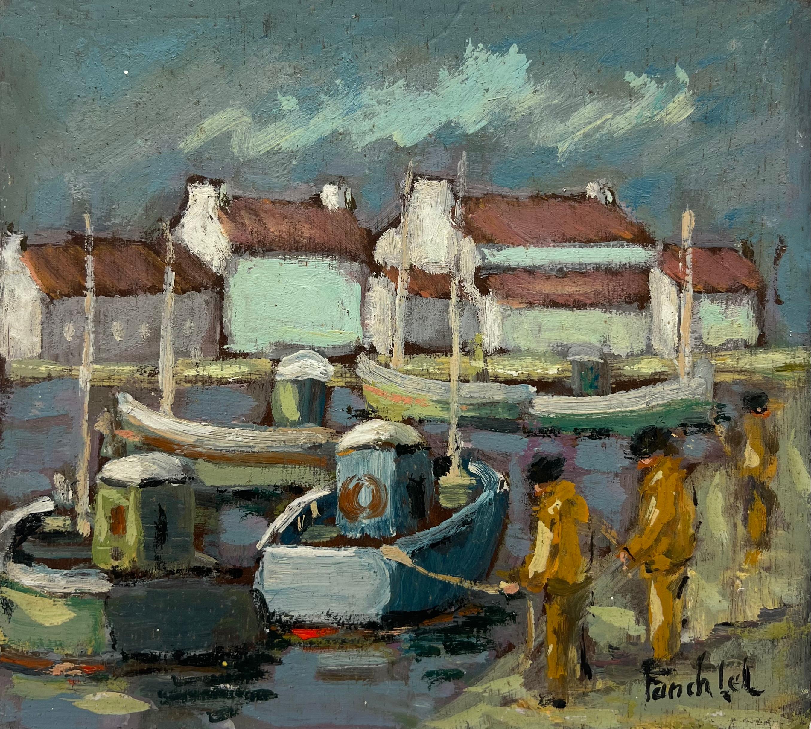Incantevole scena di porto con barche da pesca e pescatori in pelle d'oca arancione - Painting di Fanch Lel