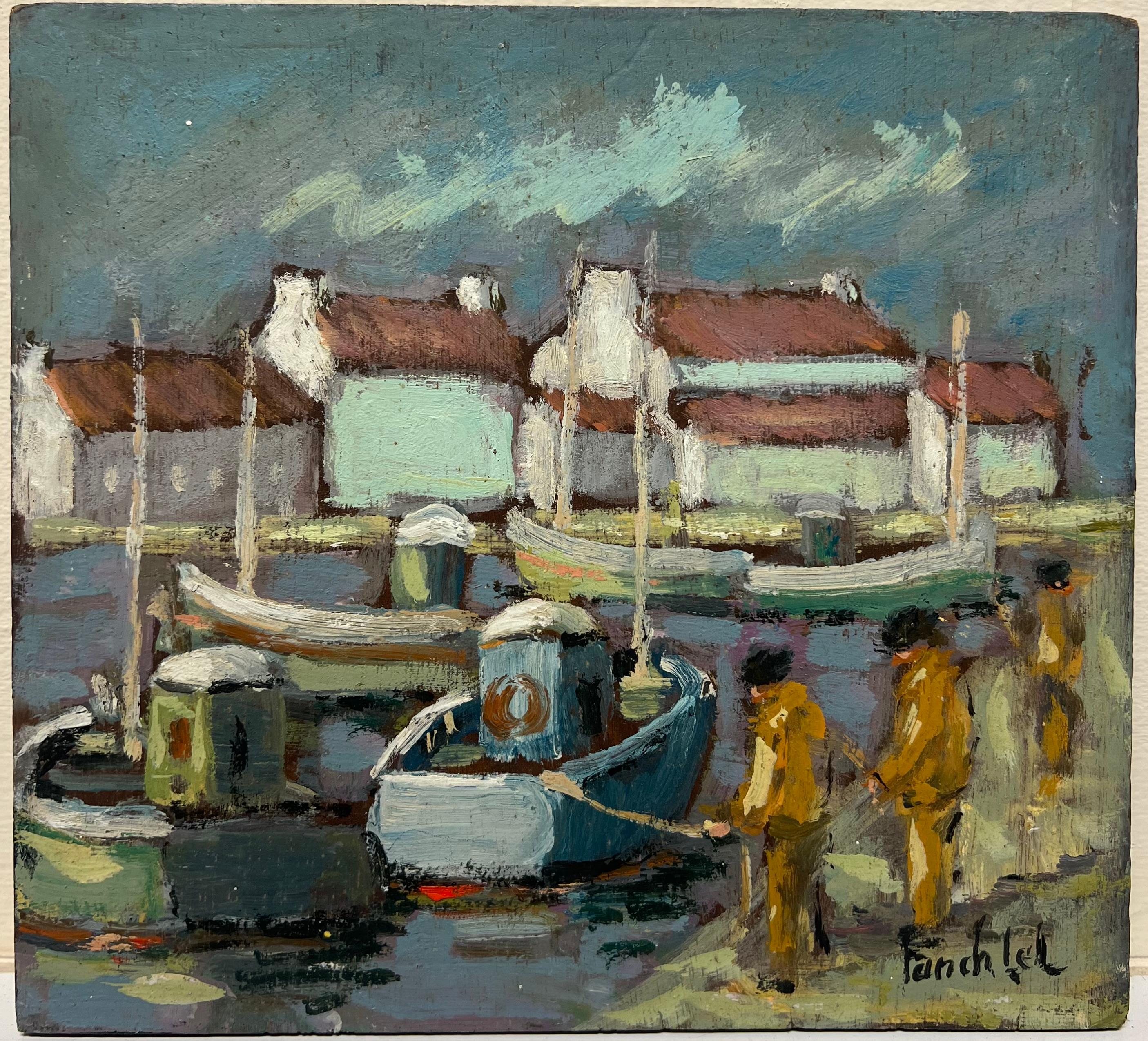 Incantevole scena di porto con barche da pesca e pescatori in pelle d'oca arancione - Painting Impressionismo di Fanch Lel