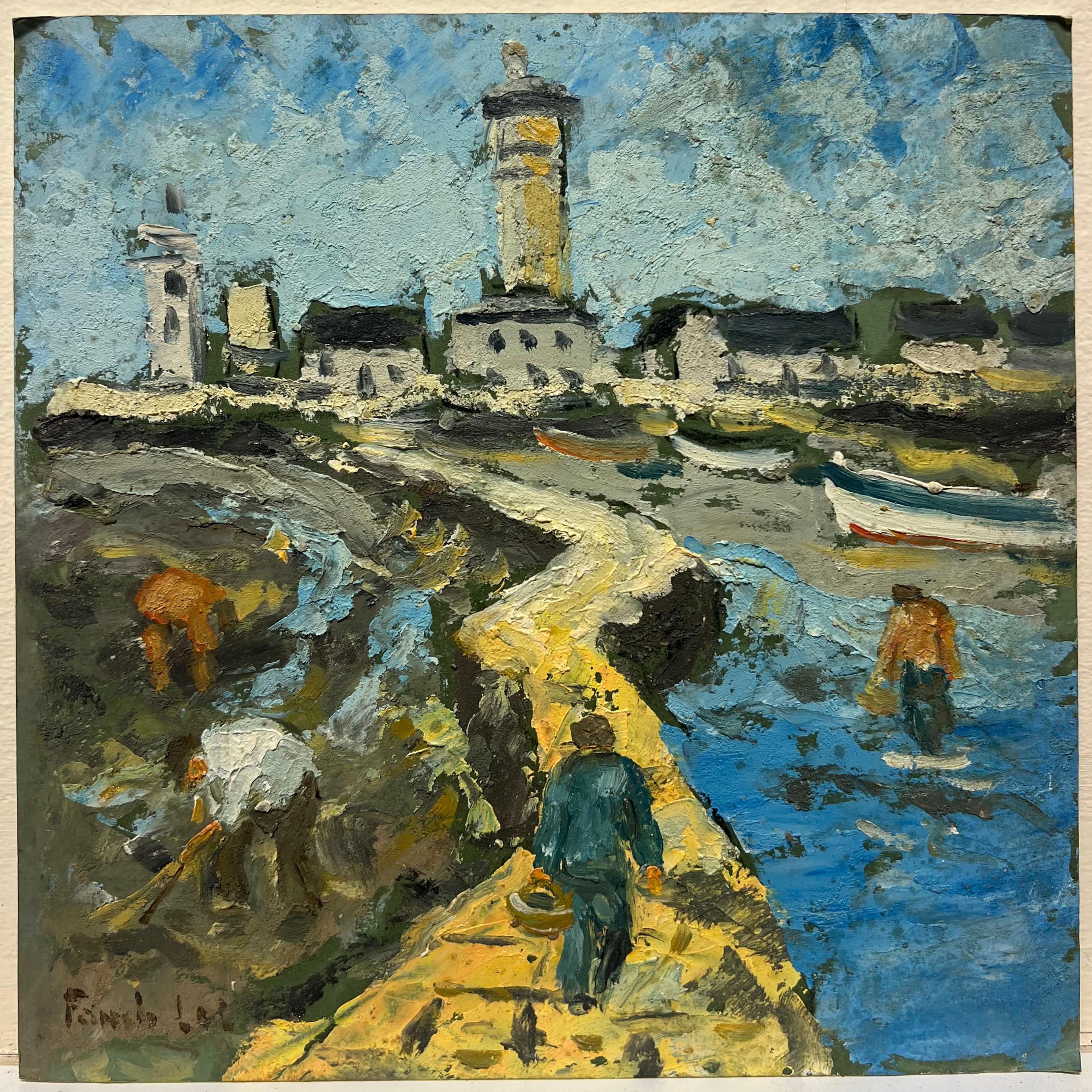 Encantadora Escena de Faro y Pueblo Costero con Pescadores y Figuras - Painting de Fanch Lel